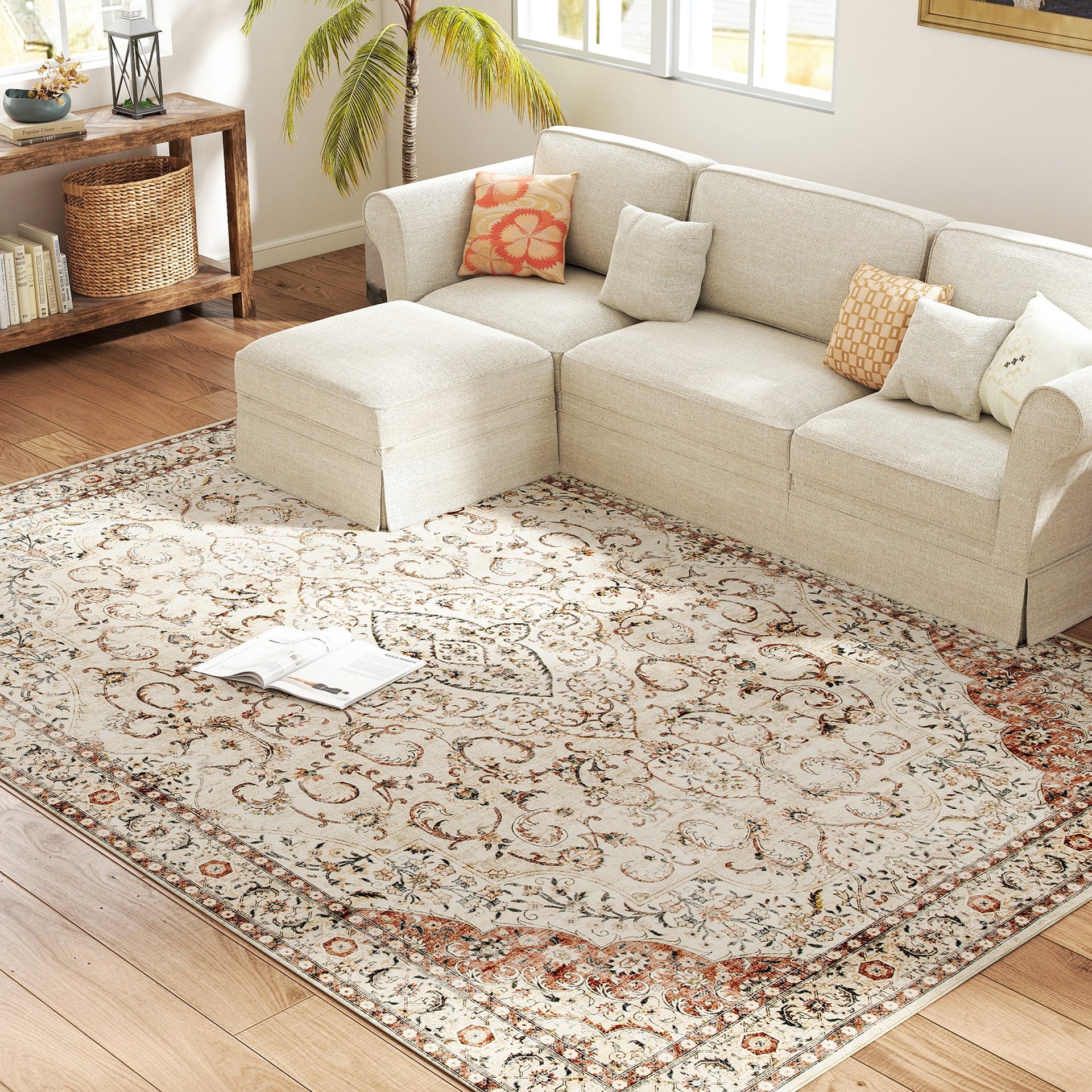 HOMCOM Area Rug 8x10, Machine Washable Rug, Non-Slip Classical Floral Print Floor Carpet for Living Room, Bedroom, Mixed-Brown