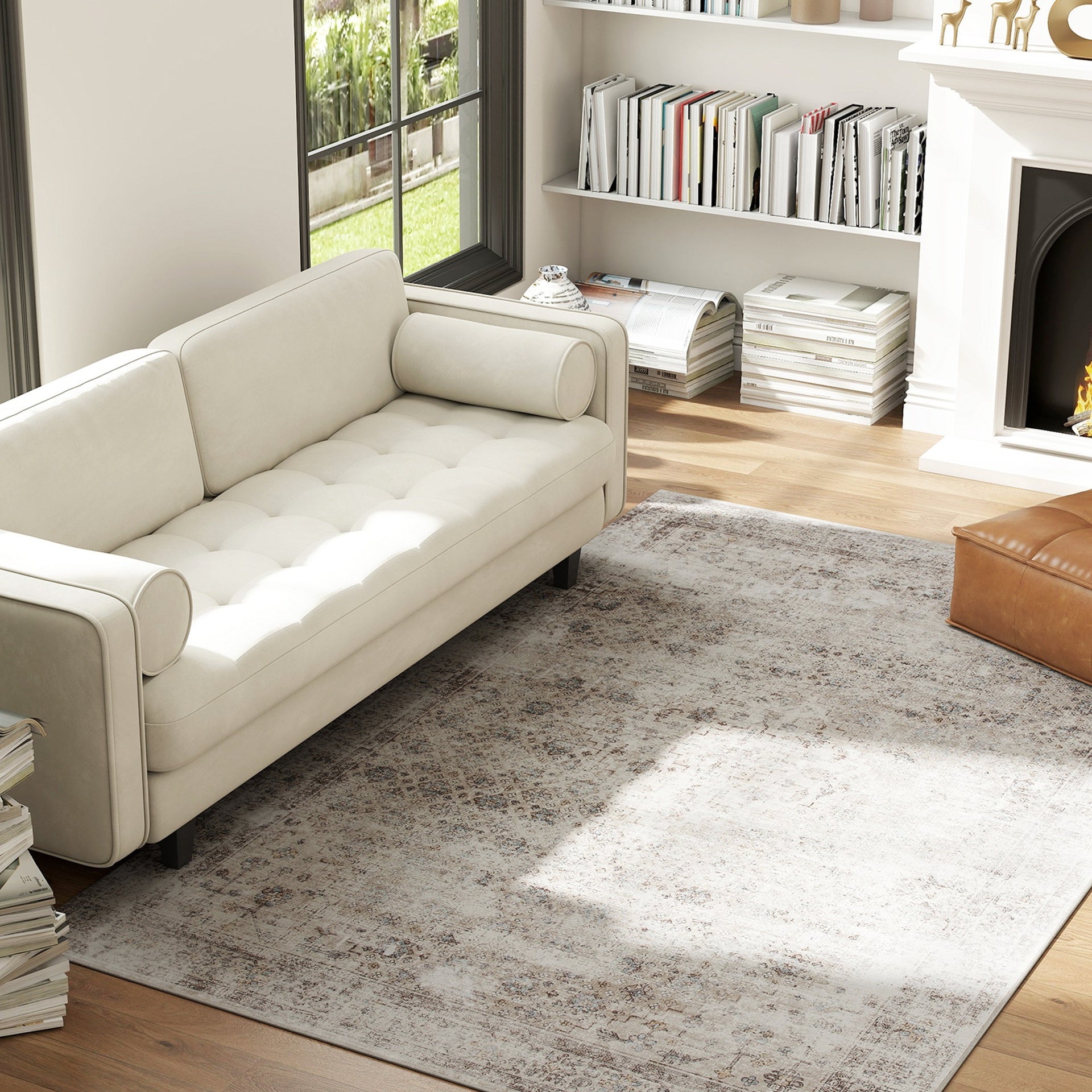 HOMCOM Machine Washable Area Rug 5x7, Non-Slip Traditional Floor Carpet for Living Room, Bedroom, Light Mixed-Brown