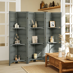 HOMCOM 6 Panel 67" Tall Wood Privacy Screen Room Divider with 3 Shelves and Folding Storage for Bedroom, Gray