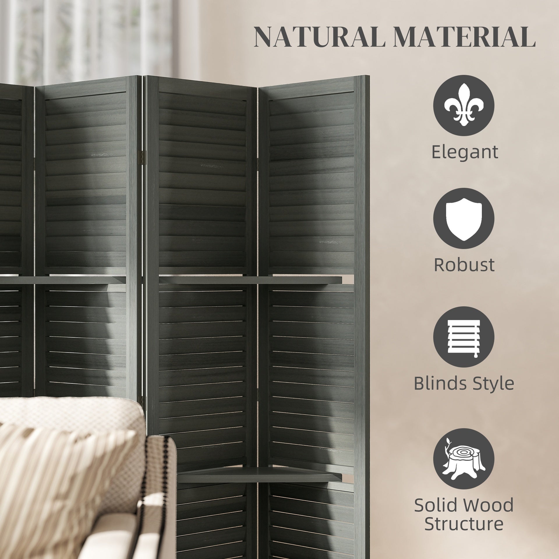 HOMCOM 6 Panel 67" Tall Wood Privacy Screen Room Divider with 3 Shelves and Folding Storage for Bedroom, Gray