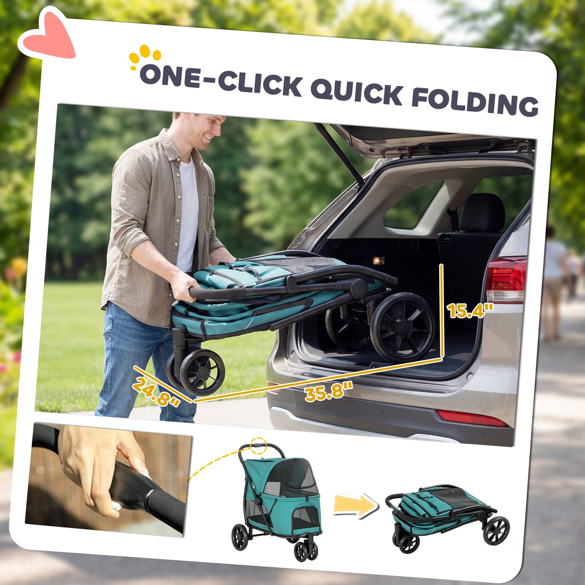 PawHut 3 Wheel Pet Stroller with Easy One-Click Quick Fold, Mesh Window, Washable Cushion, for Medium Dogs, Dark Green