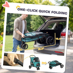 PawHut 3 Wheel Pet Stroller with Easy One-Click Quick Fold, Mesh Window, Washable Cushion, for Medium Dogs, Dark Green
