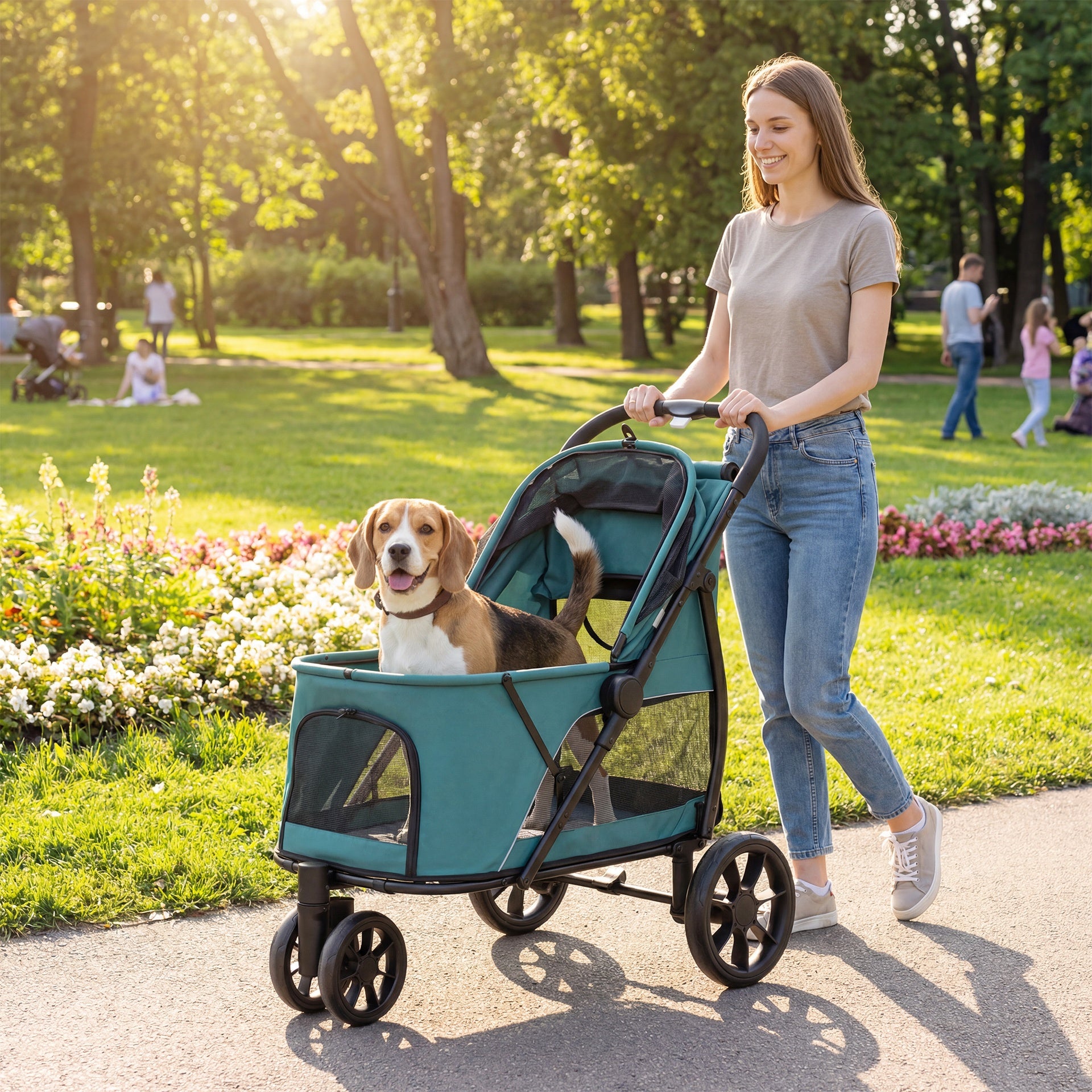 PawHut 3 Wheel Pet Stroller with Easy One-Click Quick Fold, Mesh Window, Washable Cushion, for Medium Dogs, Dark Green