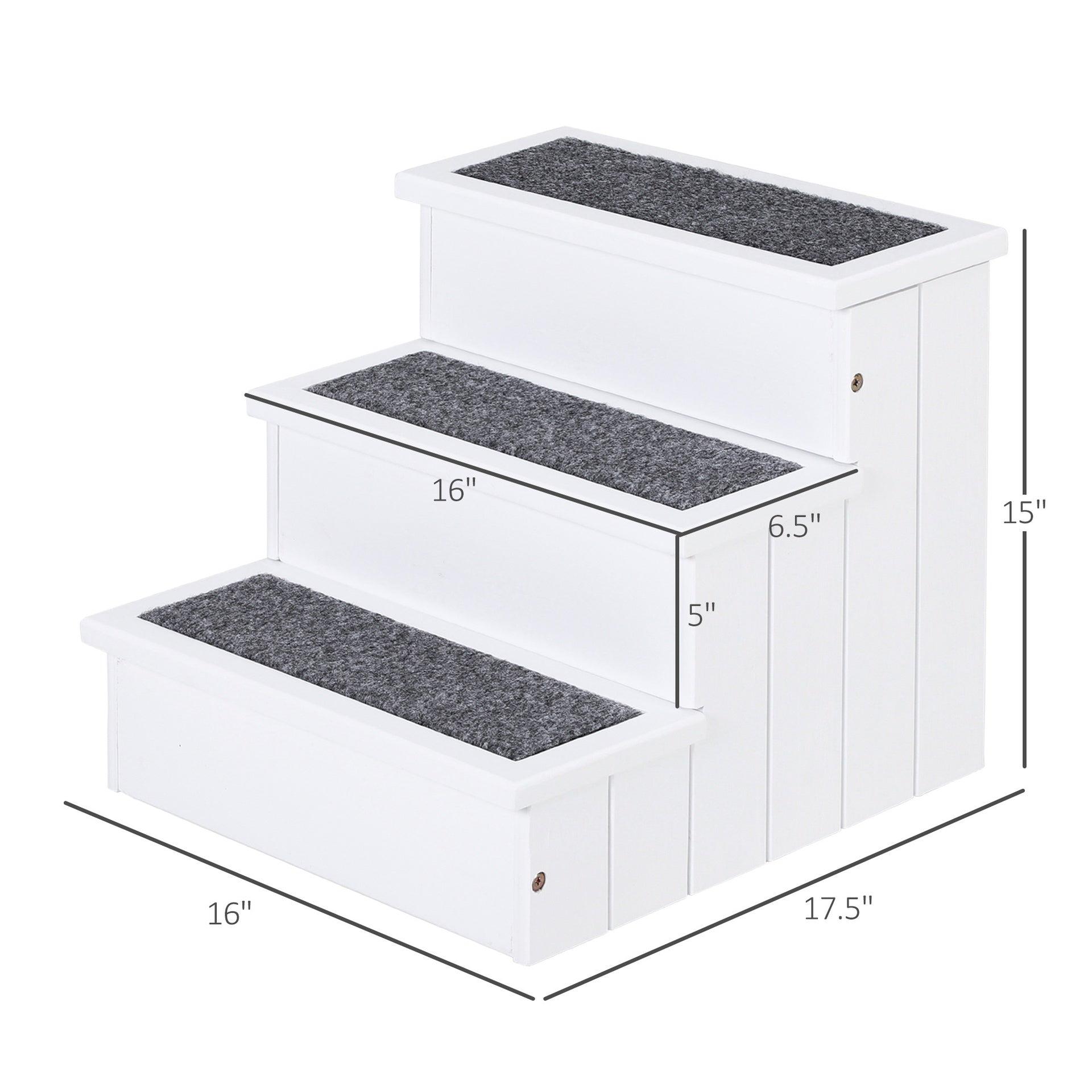 PawHut 3 Step Wooden Carpeted Non Slip Pet Stairs Ramp for Cats and Small Dogs - White