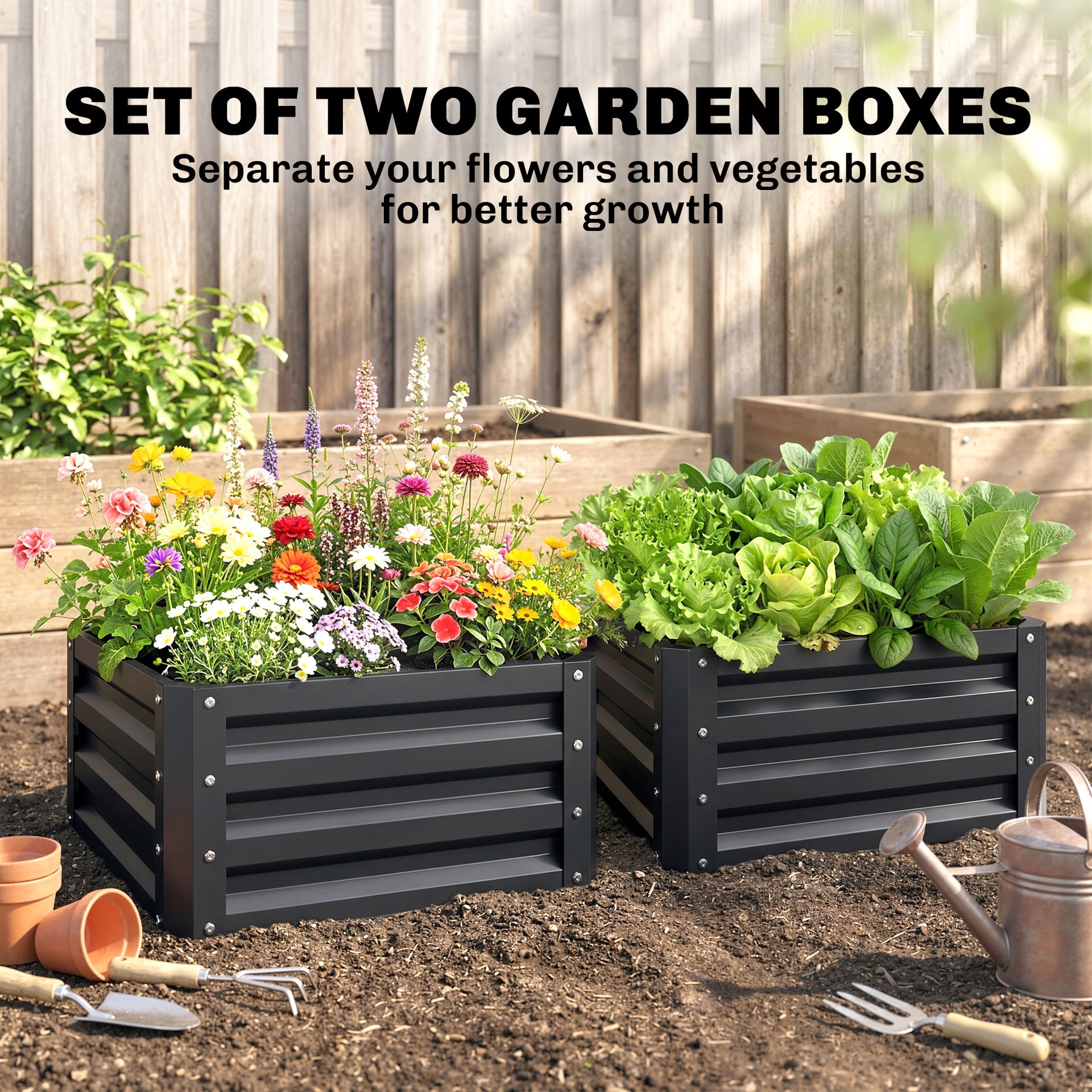 Outsunny 2pc 23.5" Elevated Herb & Vegetable Planting Box Kit w/ Versatile Uses, Dark Gray