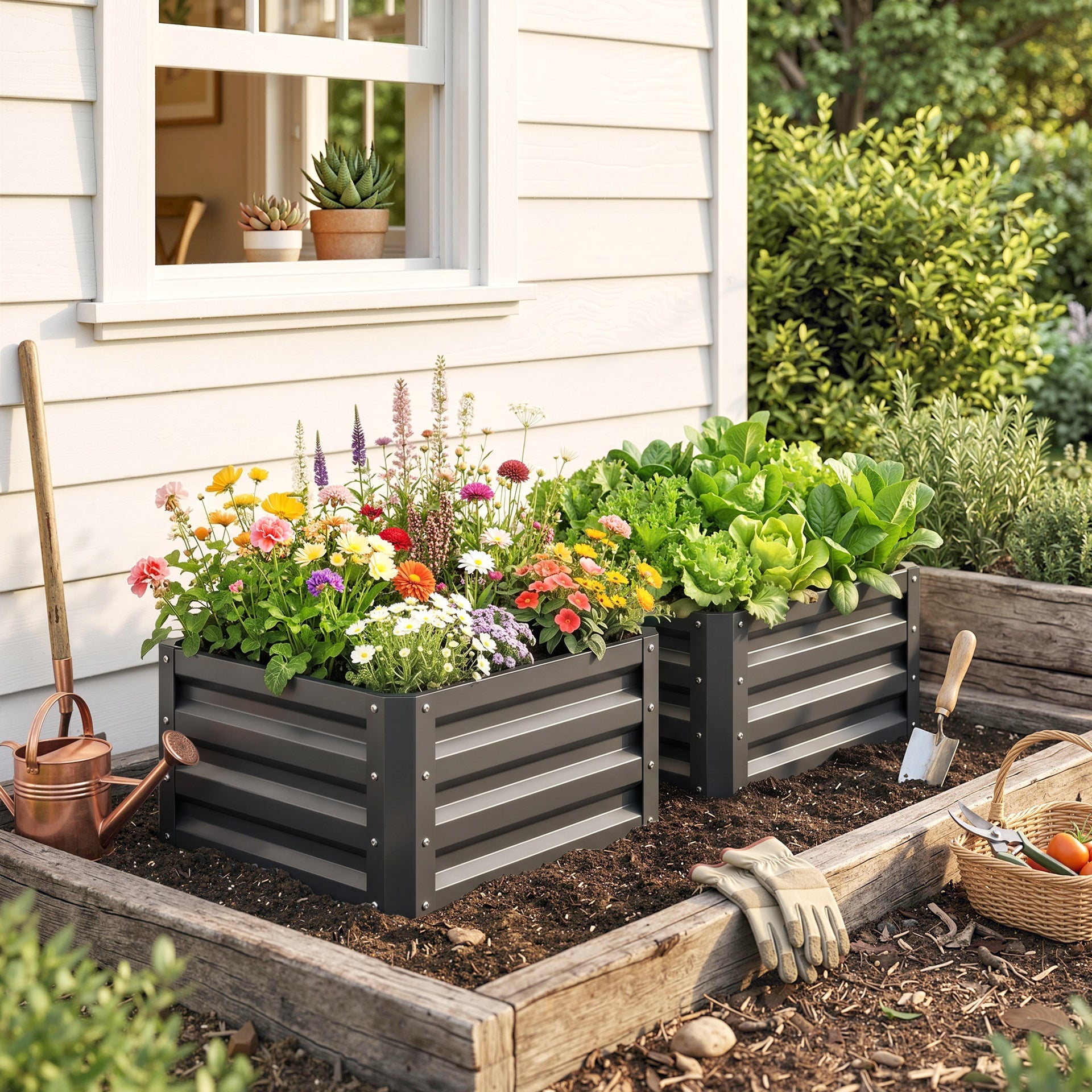 Outsunny 2pc 23.5" Elevated Herb & Vegetable Planting Box Kit w/ Versatile Uses, Dark Gray