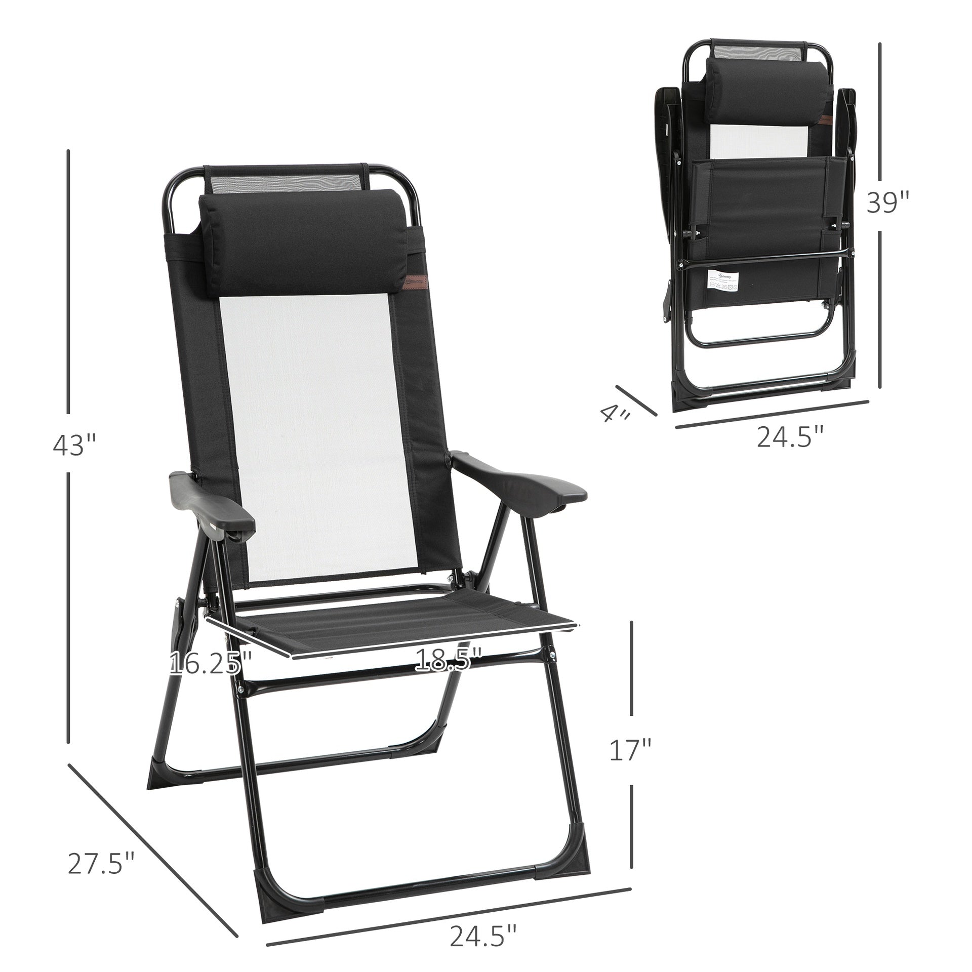 Outsunny Folding Patio Dining Chairs Set of 2, Outdoor Deck Chair with Adjustable Sling Back, Camping Chair with Removable Headrest for Garden, Backyard, Lawn, Black