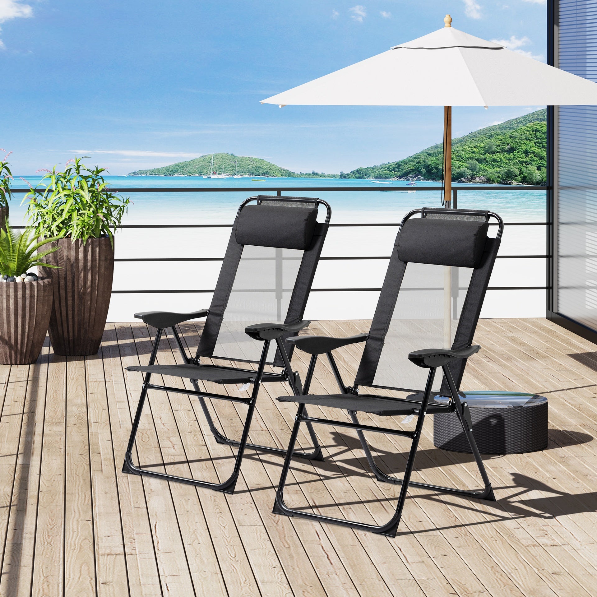 Outsunny Folding Patio Dining Chairs Set of 2, Outdoor Deck Chair with Adjustable Sling Back, Camping Chair with Removable Headrest for Garden, Backyard, Lawn, Black