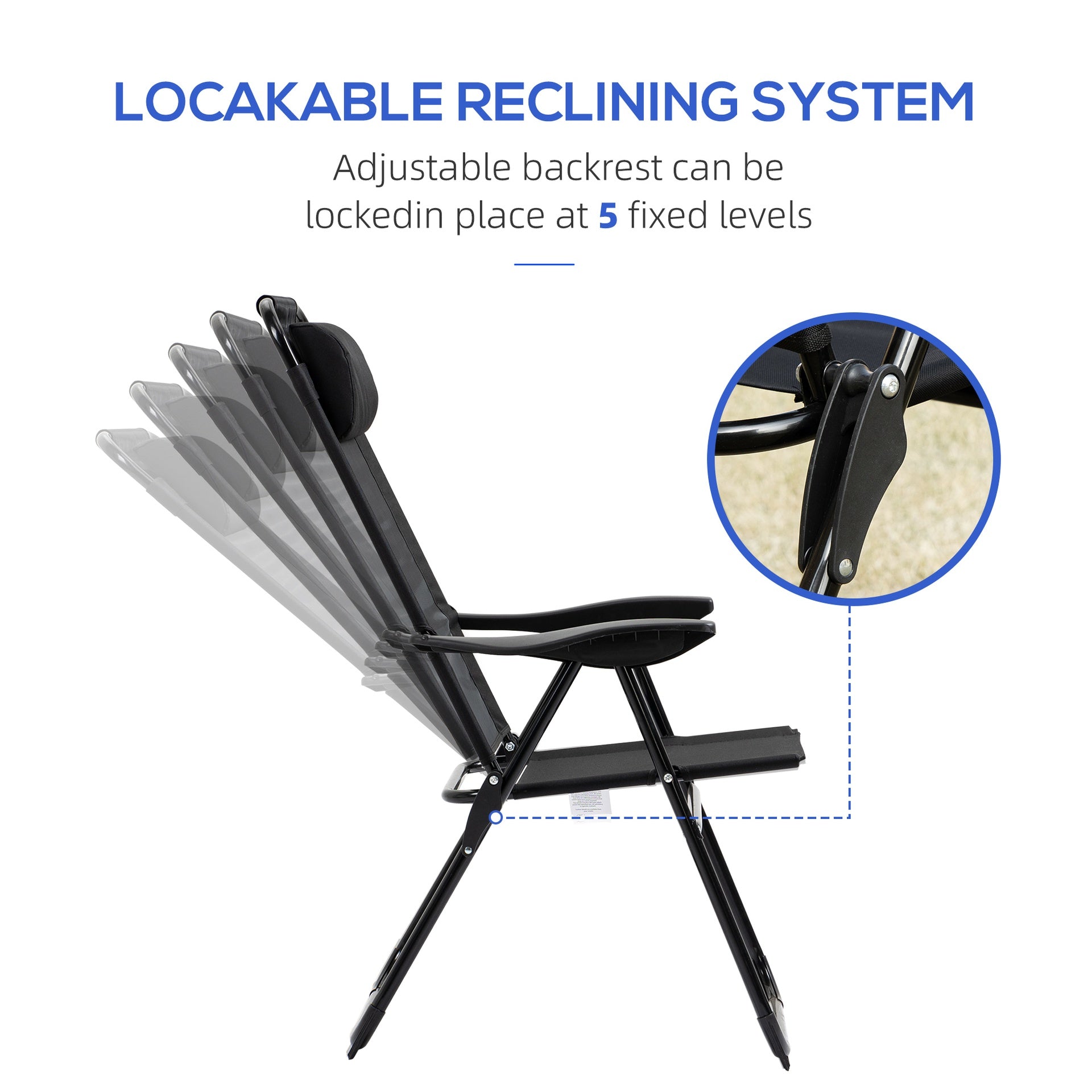 Outsunny Folding Patio Dining Chairs Set of 2, Outdoor Deck Chair with Adjustable Sling Back, Camping Chair with Removable Headrest for Garden, Backyard, Lawn, Black