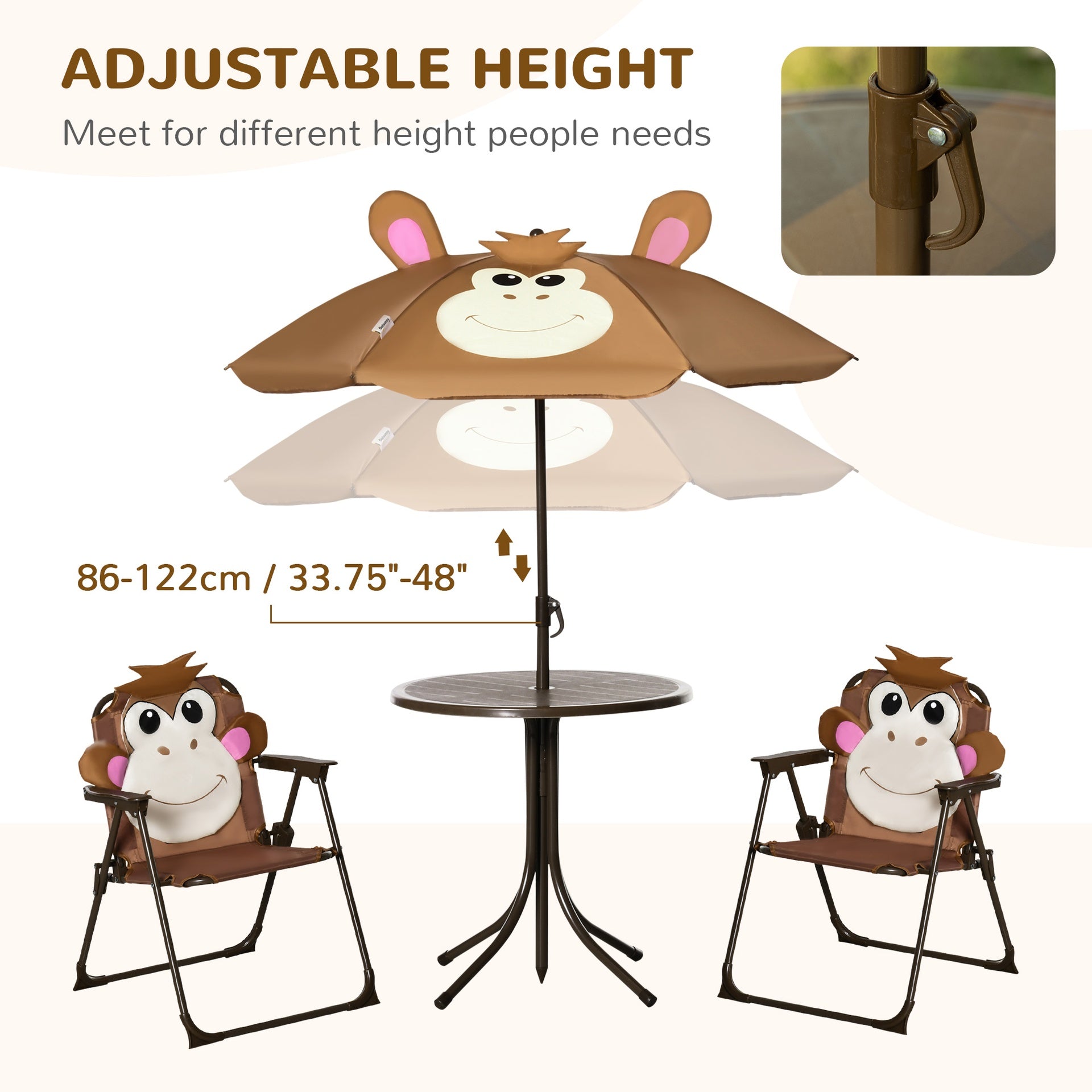 Outsunny Kids Table and Chair Set, Outdoor Folding Garden Furniture, Picnic Table for Patio Backyard, with Removable & Height Adjustable Sun Umbrella, Brown