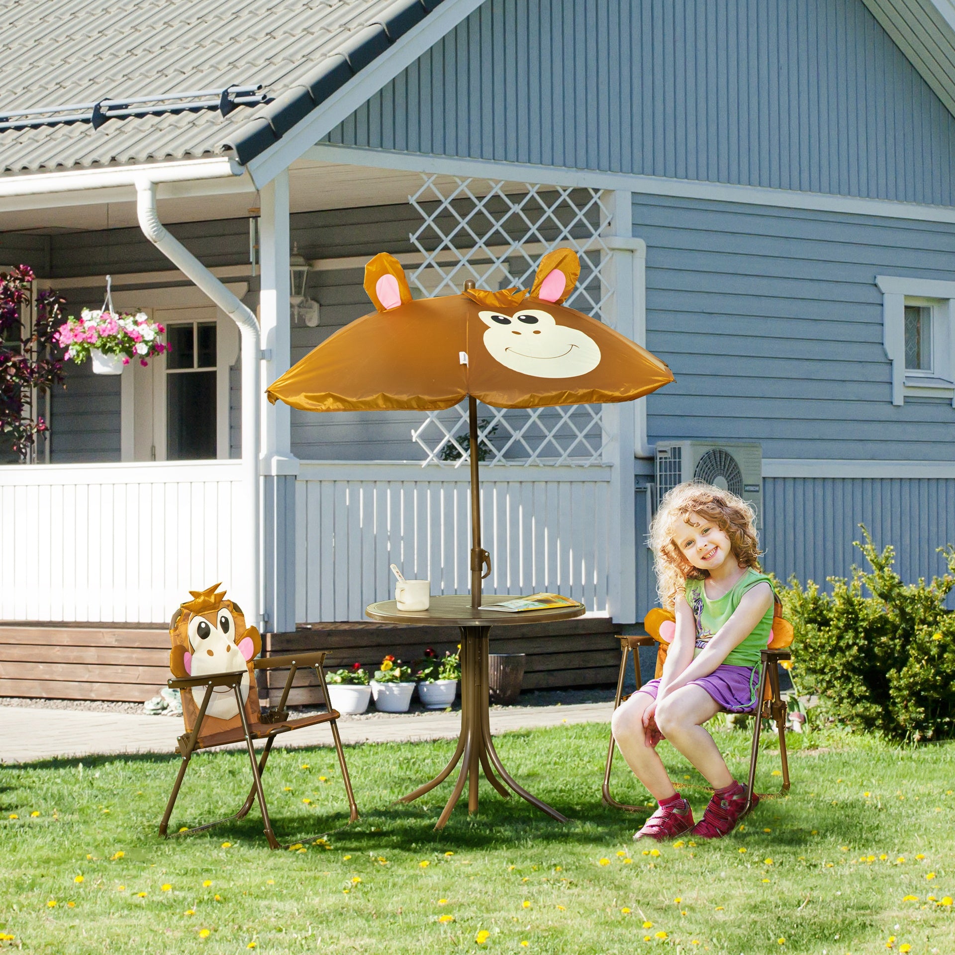 Outsunny Kids Table and Chair Set, Outdoor Folding Garden Furniture, Picnic Table for Patio Backyard, with Removable & Height Adjustable Sun Umbrella, Brown