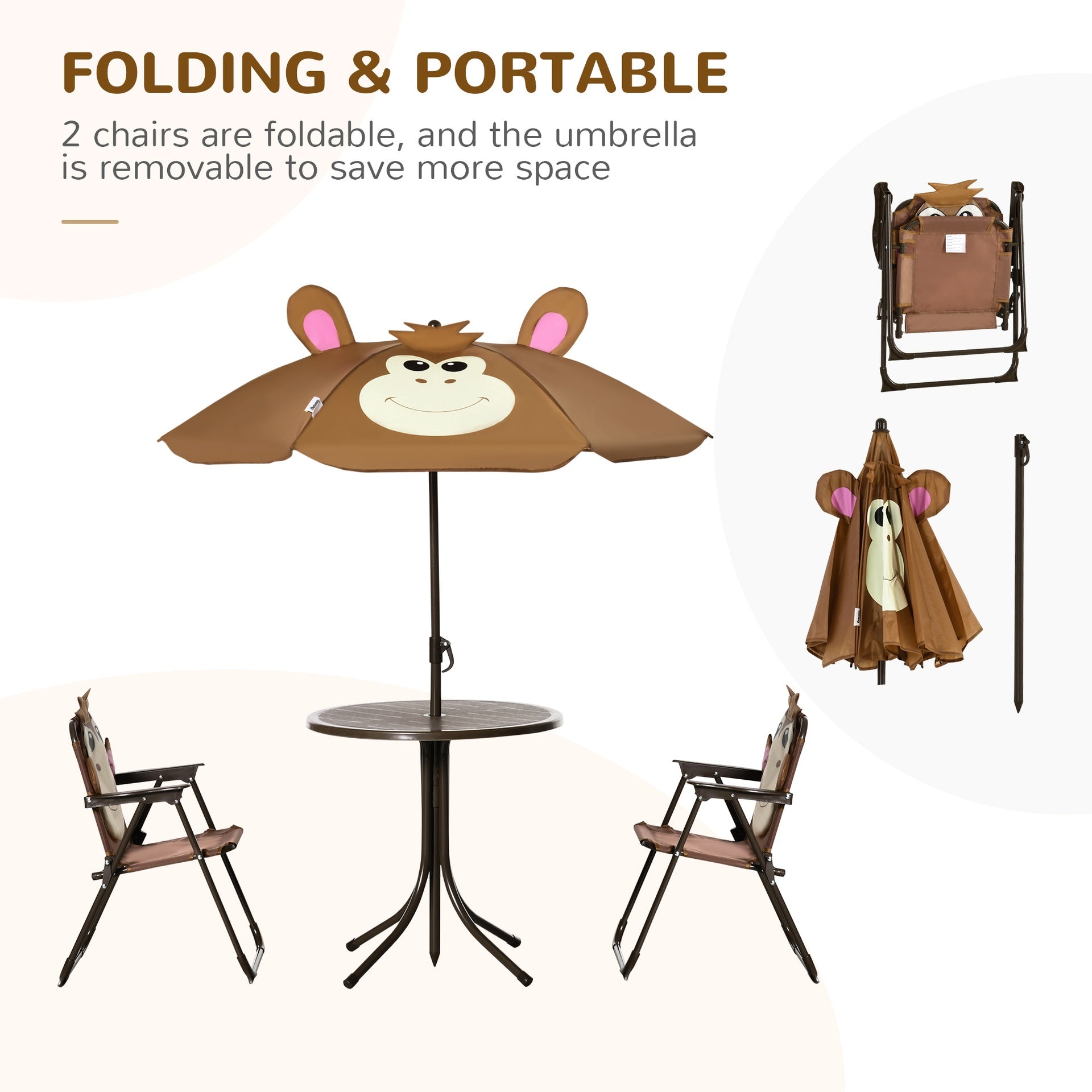 Outsunny Kids Table and Chair Set, Outdoor Folding Garden Furniture, Picnic Table for Patio Backyard, with Removable & Height Adjustable Sun Umbrella, Brown