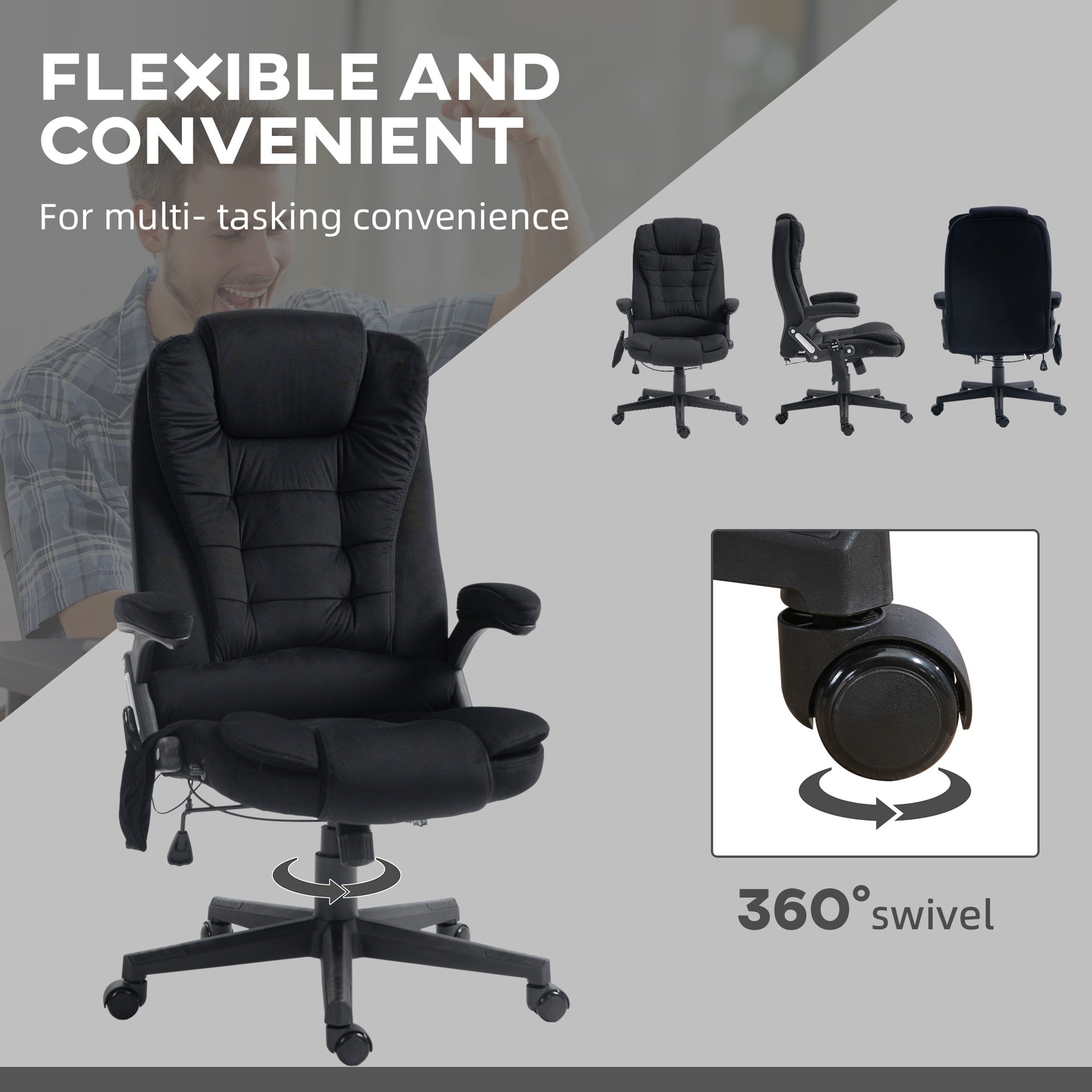 HOMCOM 6 Point Vibrating Massage Office Chair with Heat, Linen High Back Massage Desk Chair with Reclining Backrest, Black