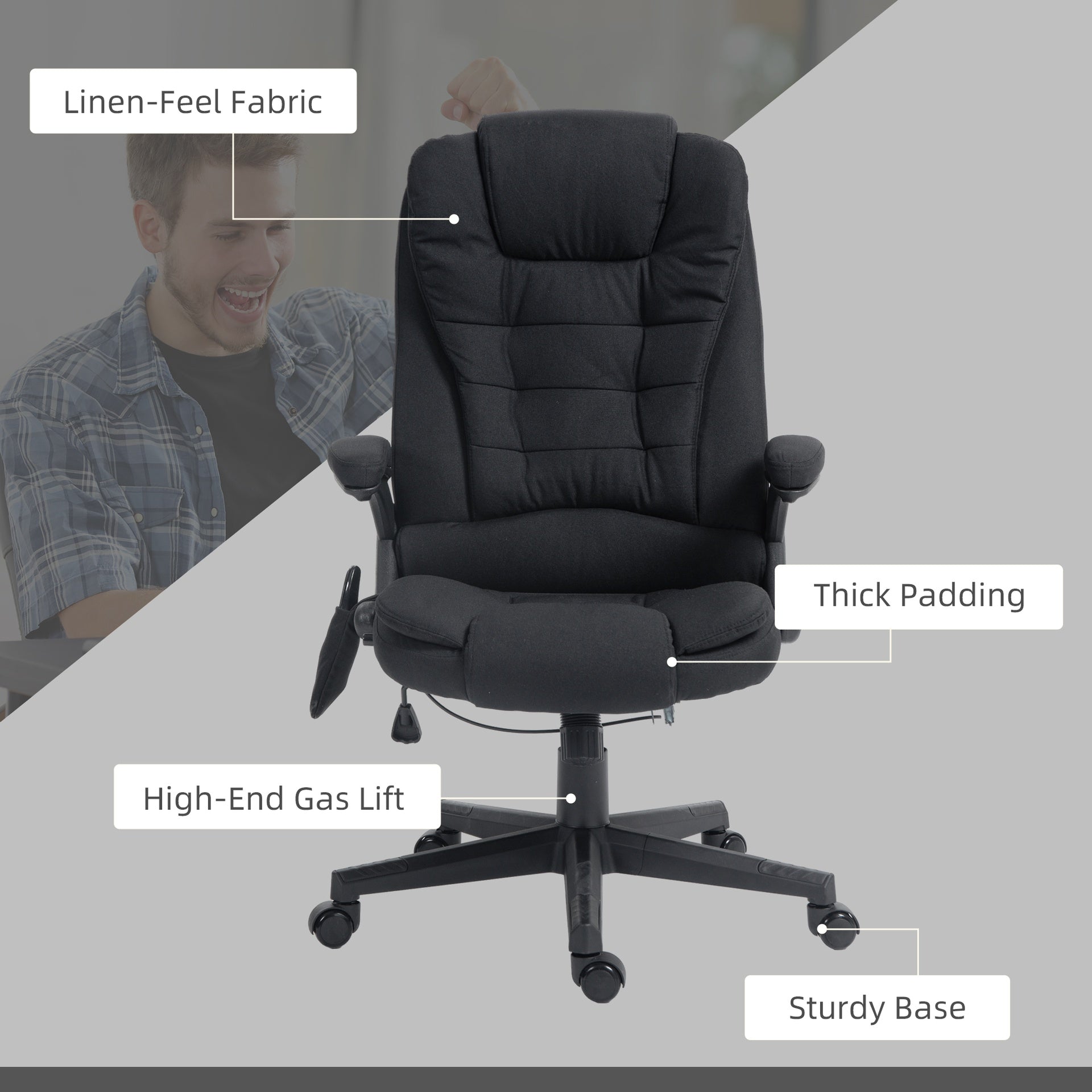 HOMCOM 6 Point Vibrating Massage Office Chair with Heat, Linen High Back Massage Desk Chair with Reclining Backrest, Black