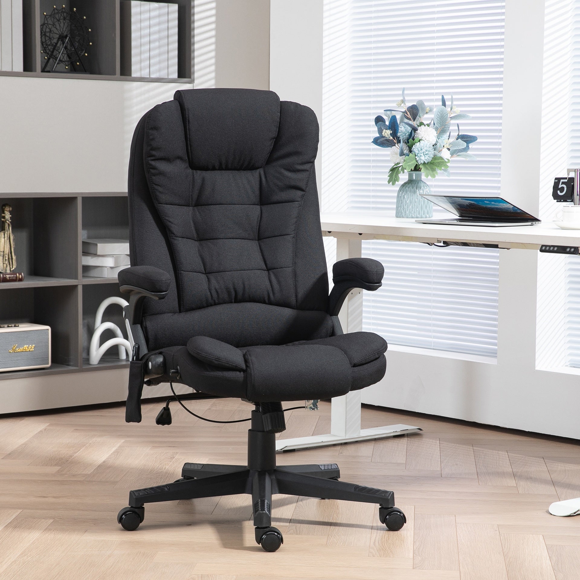 HOMCOM 6 Point Vibrating Massage Office Chair with Heat, Linen High Back Massage Desk Chair with Reclining Backrest, Black