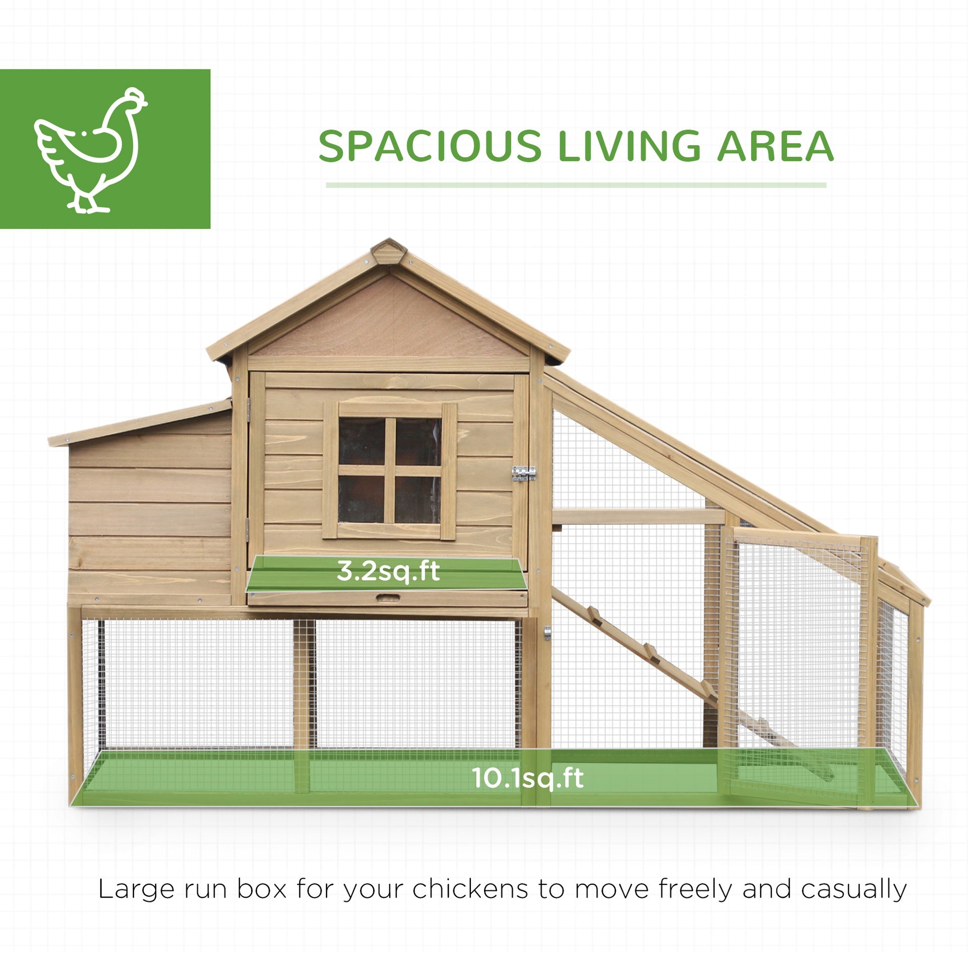 PawHut 69" Wooden Chicken Coop, Poultry Cage Hen House with Connecting Ramp, Tray, Ventilated Window and Nesting Box