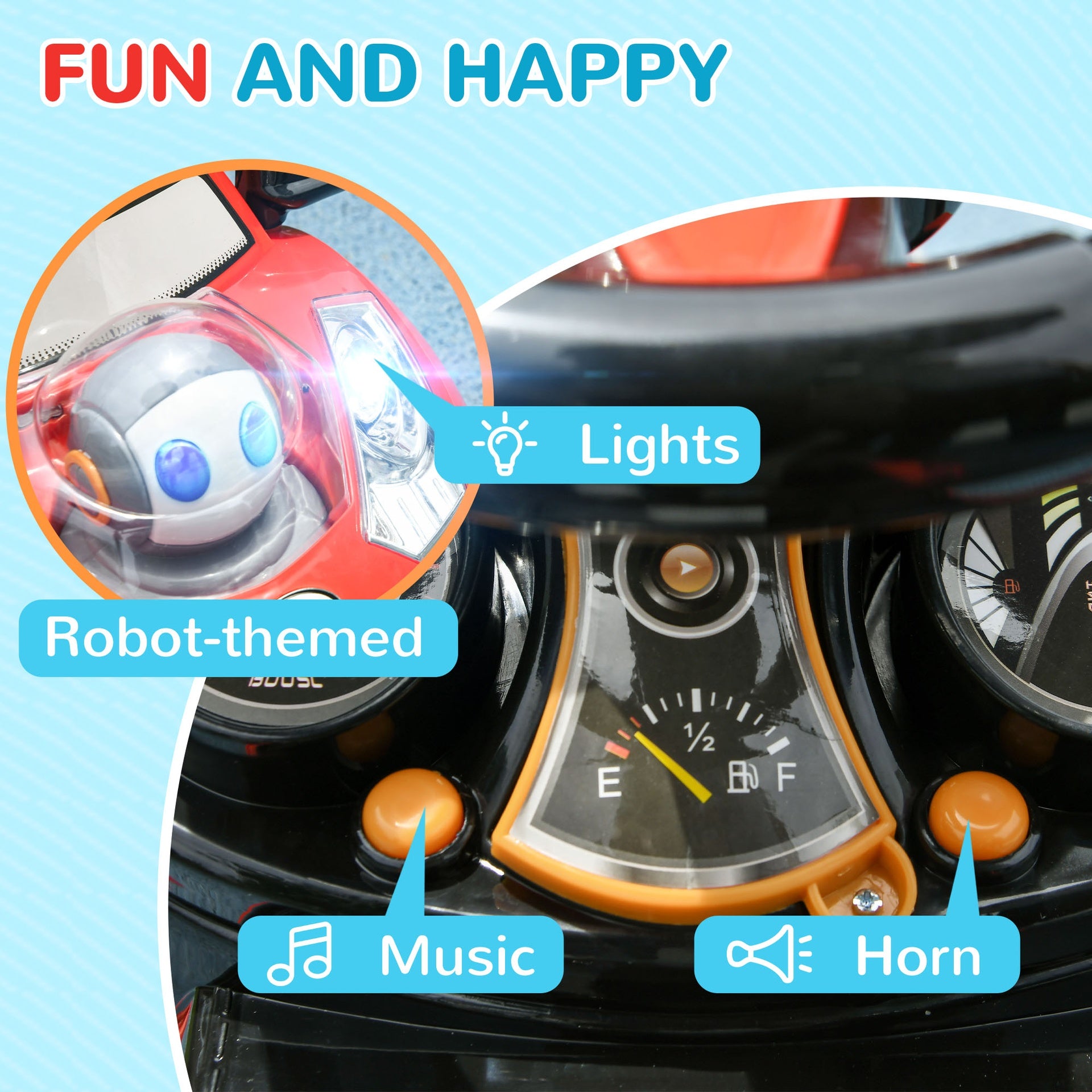 Qaba 3 in 1 Push Car Sliding Car with Removable Handle, Music, Horn, Canopy, Safety Guardrail, Red