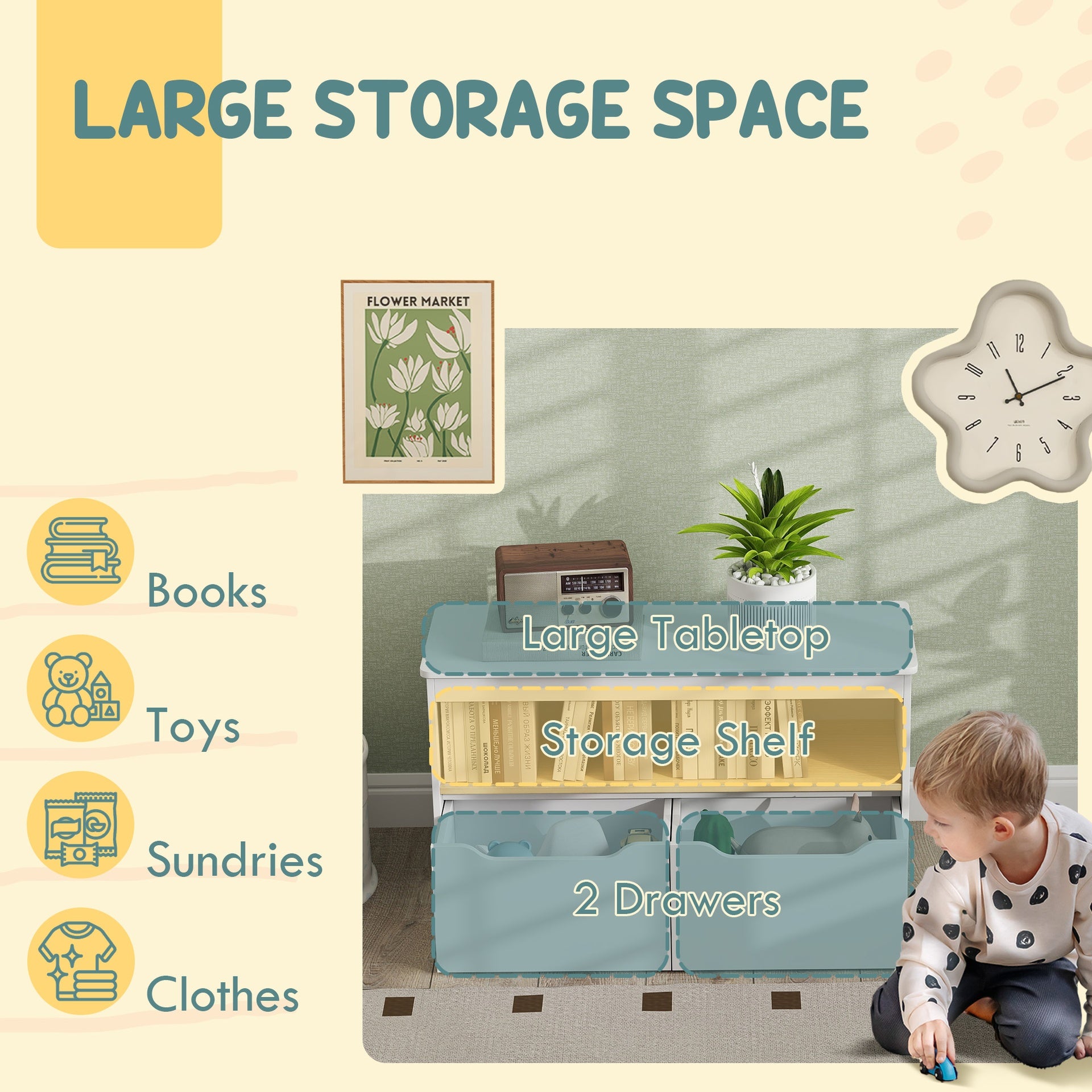 Qaba Toy Storage Organizer with 2 Drawers, Toy Shelf, Large Top, for Bedroom, Nursery, Living Room, White