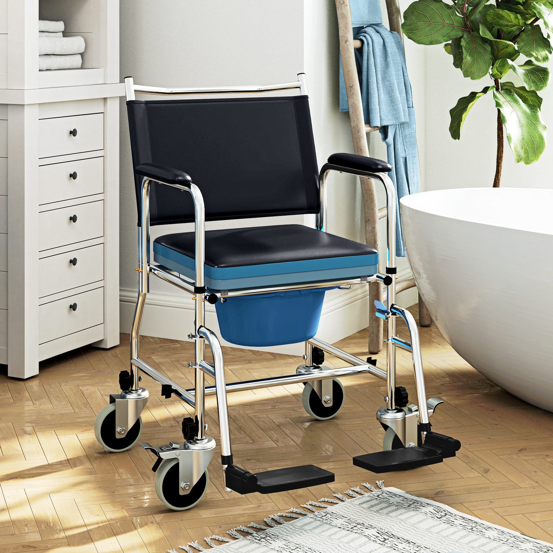 HOMCOM Rolling Shower Chair, Bedside Commode Wheelchair with Padded Seat, Backrest, for Seniors, Disabled, 300 lbs, Black