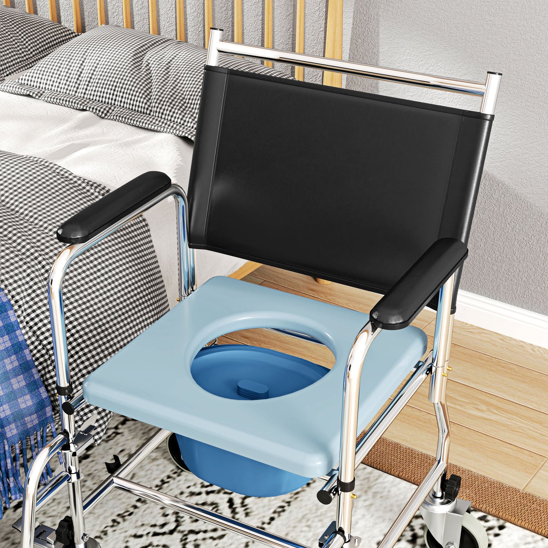 HOMCOM Rolling Shower Chair, Bedside Commode Wheelchair with Padded Seat, Backrest, for Seniors, Disabled, 300 lbs, Black