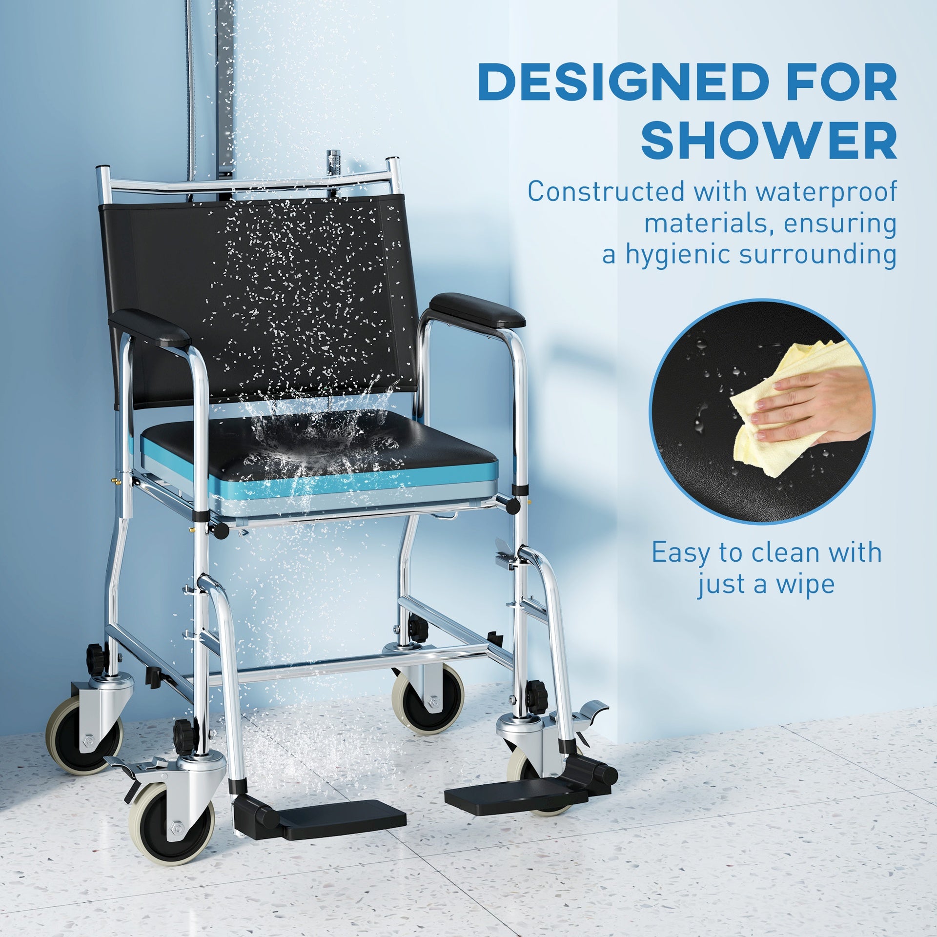 HOMCOM Rolling Shower Chair, Bedside Commode Wheelchair with Padded Seat, Backrest, for Seniors, Disabled, 300 lbs, Black