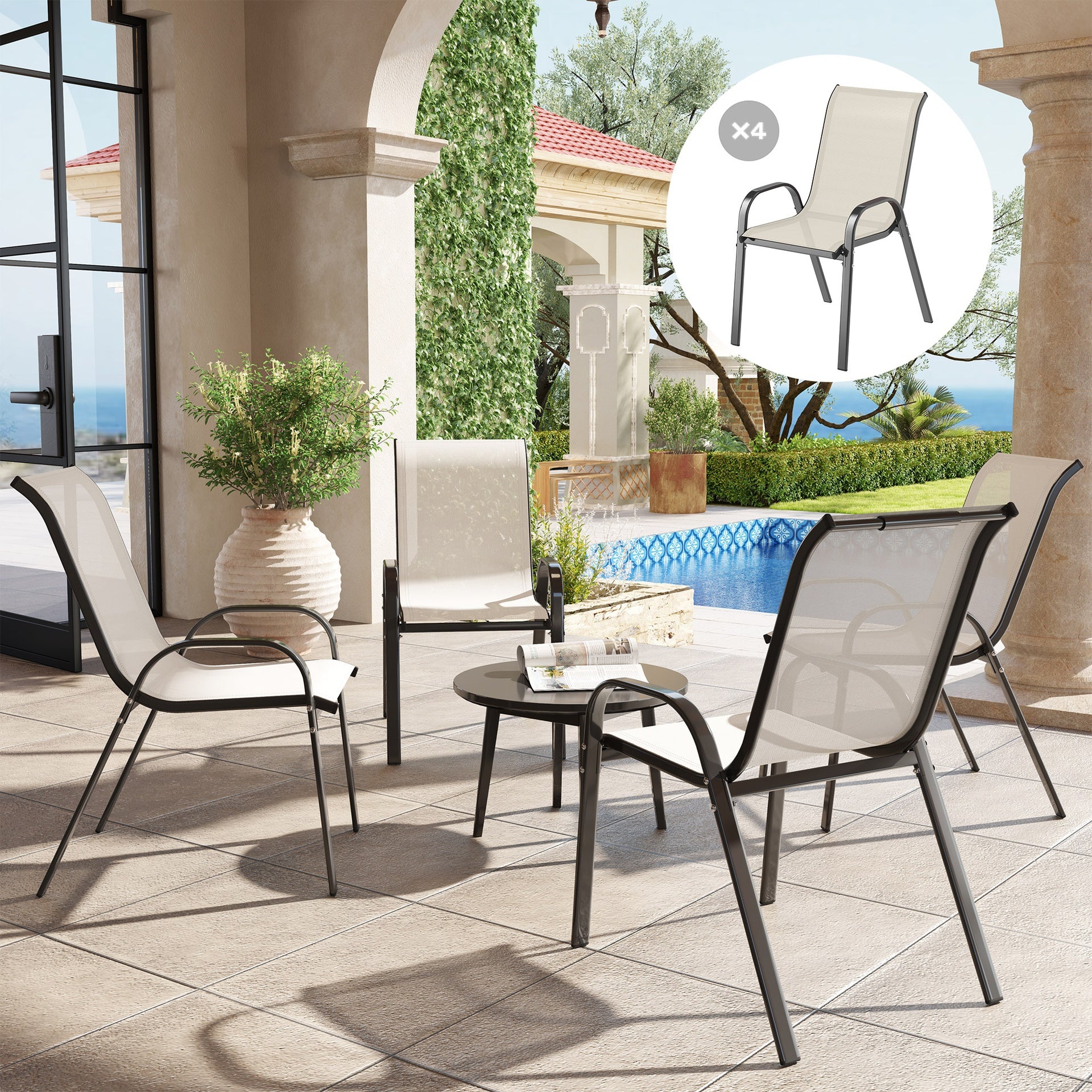 Outsunny Set of 4 Outdoor Dining Chairs, Stackable Patio Chairs with High Back, Breathable Mesh Seat for Garden Lawn, Beige