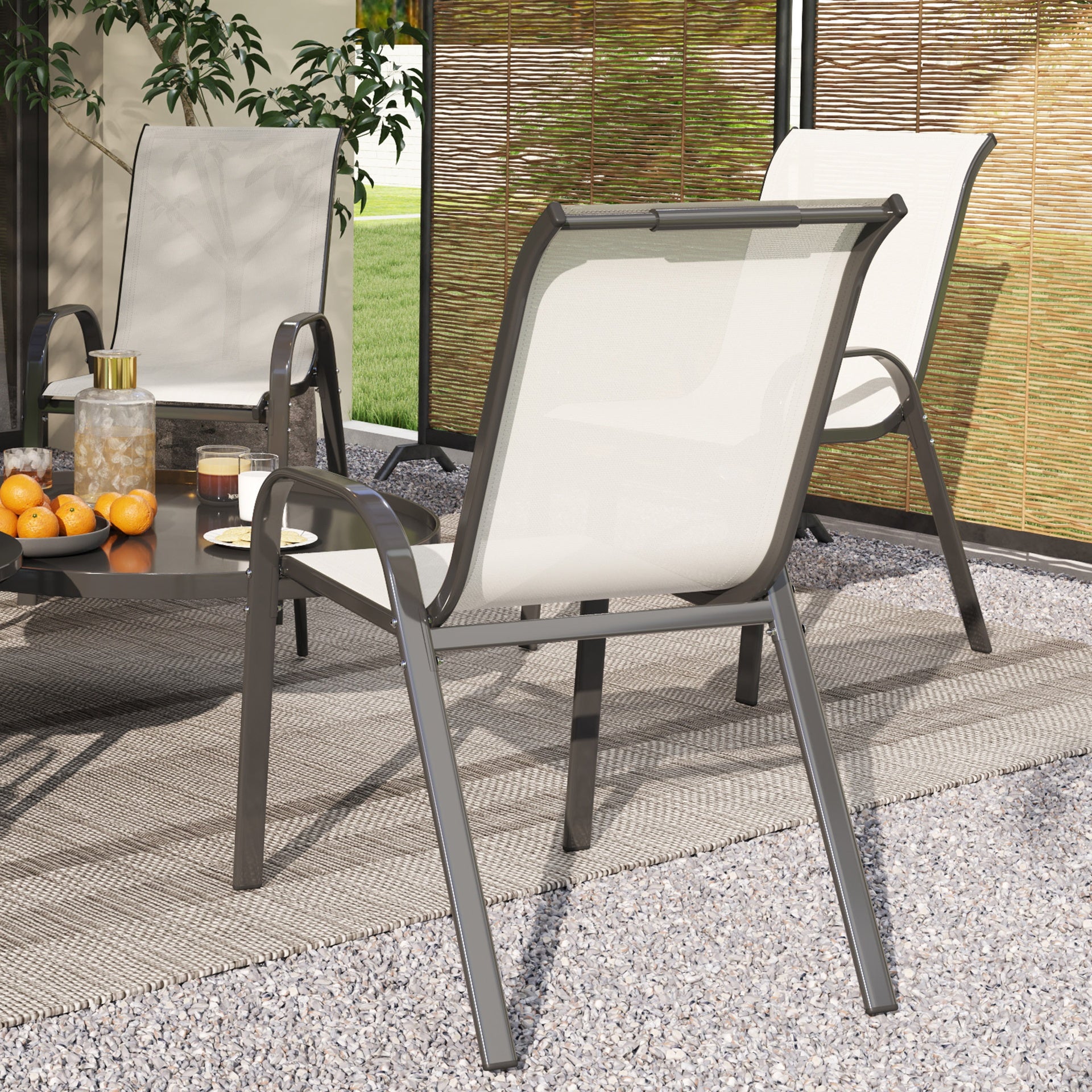 Outsunny Set of 4 Outdoor Dining Chairs, Stackable Patio Chairs with High Back, Breathable Mesh Seat for Garden Lawn, Beige