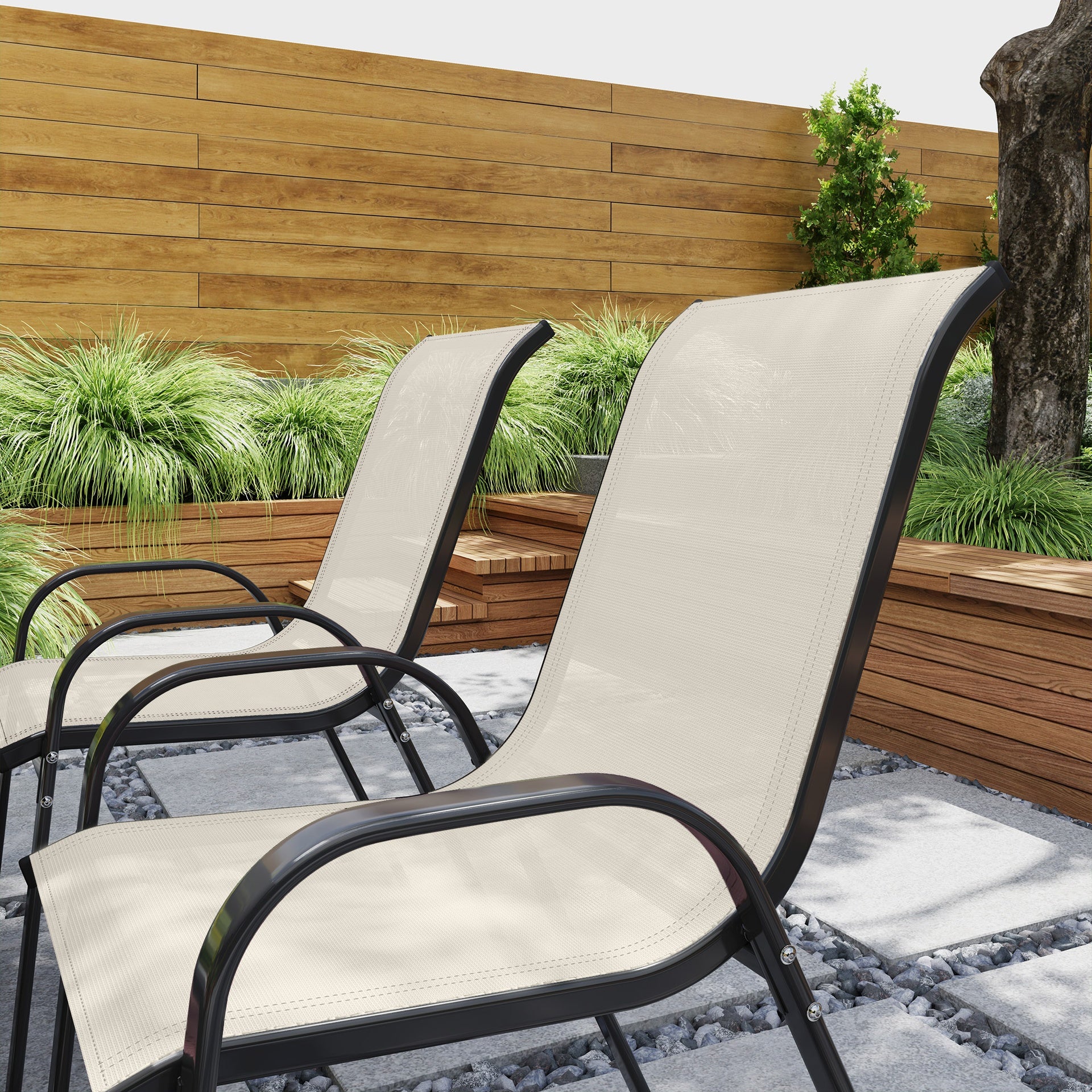 Outsunny Set of 4 Outdoor Dining Chairs, Stackable Patio Chairs with High Back, Breathable Mesh Seat for Garden Lawn, Beige