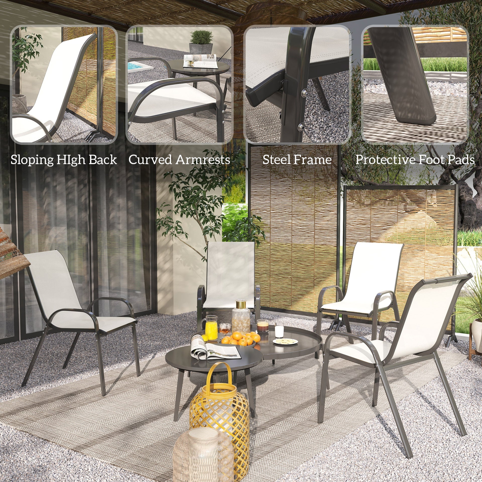 Outsunny Set of 4 Outdoor Dining Chairs, Stackable Patio Chairs with High Back, Breathable Mesh Seat for Garden Lawn, Beige