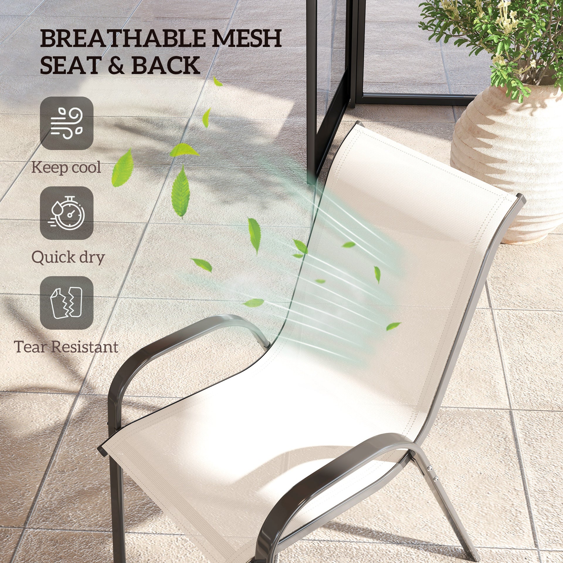 Outsunny Set of 4 Outdoor Dining Chairs, Stackable Patio Chairs with High Back, Breathable Mesh Seat for Garden Lawn, Beige