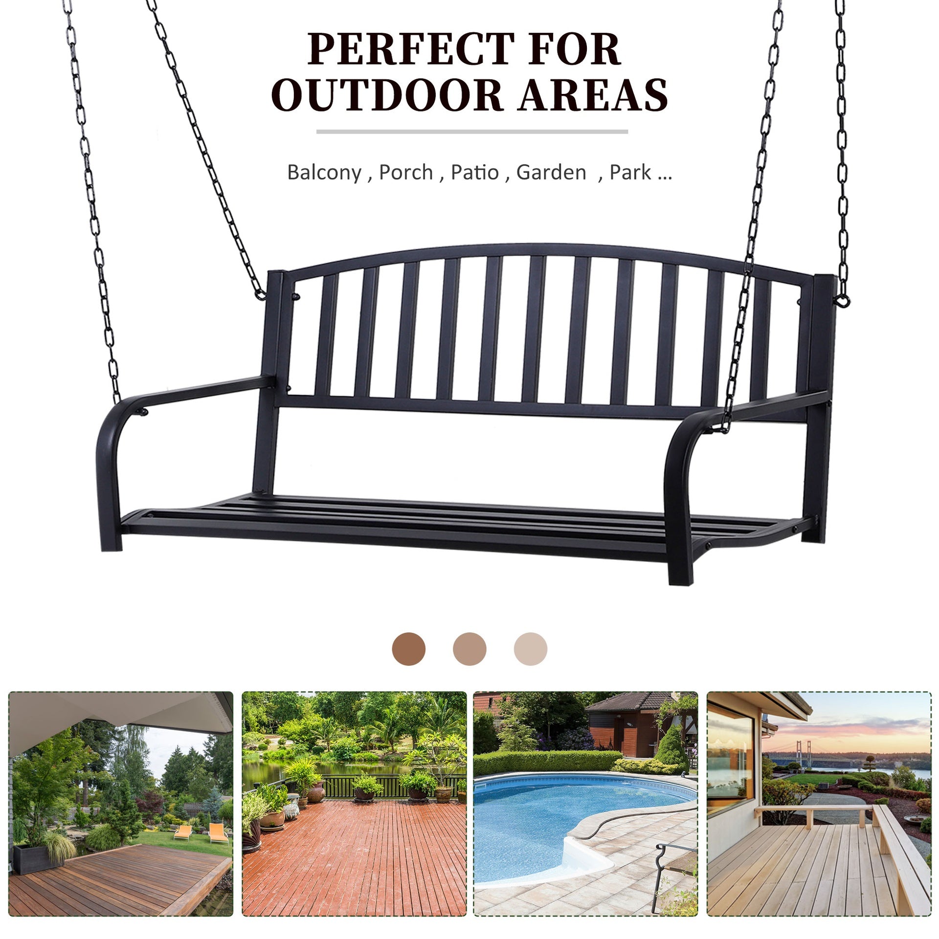 Outsunny 2-Person Metal Outdoor Porch Swing, Hanging Outdoor Swing Chair, 528lb Weight Capacity, Black