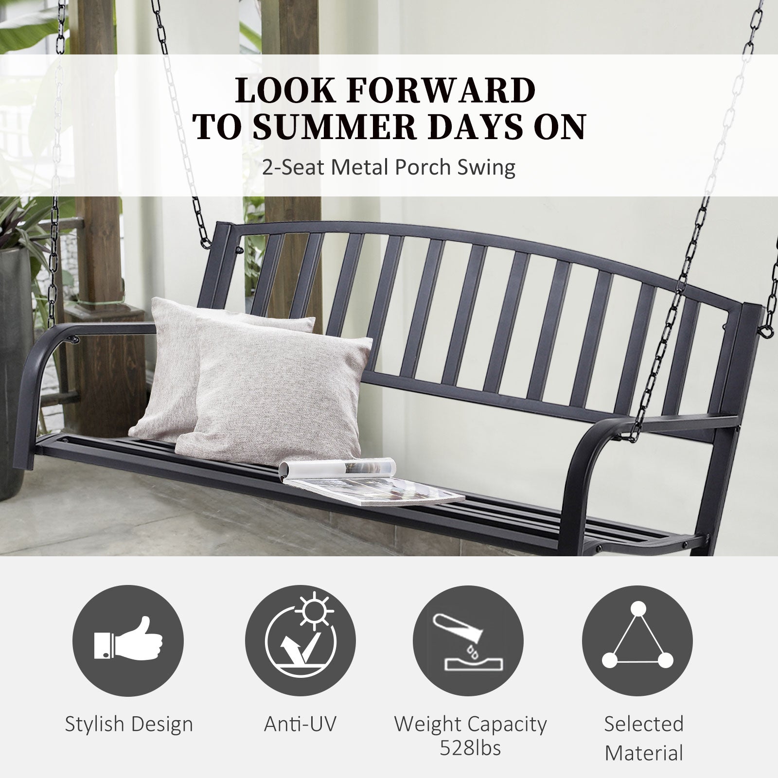 Outsunny 2-Person Metal Outdoor Porch Swing, Hanging Outdoor Swing Chair, 528lb Weight Capacity, Black