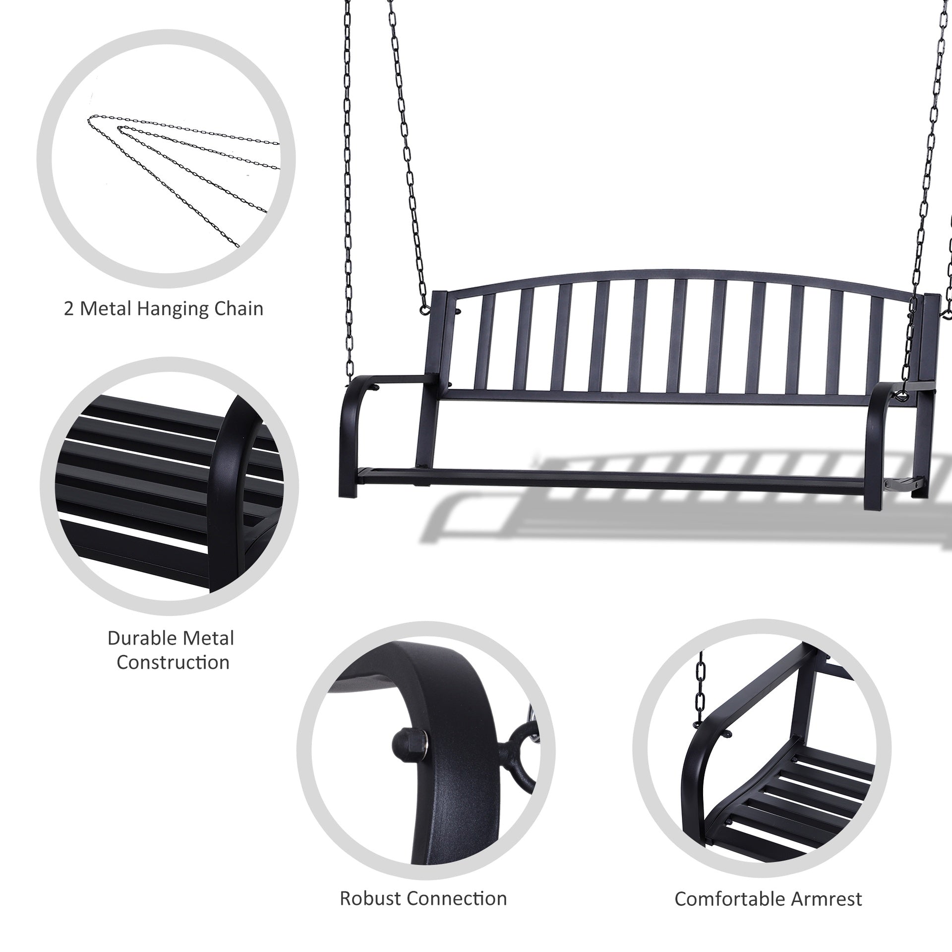 Outsunny 2-Person Metal Outdoor Porch Swing, Hanging Outdoor Swing Chair, 528lb Weight Capacity, Black