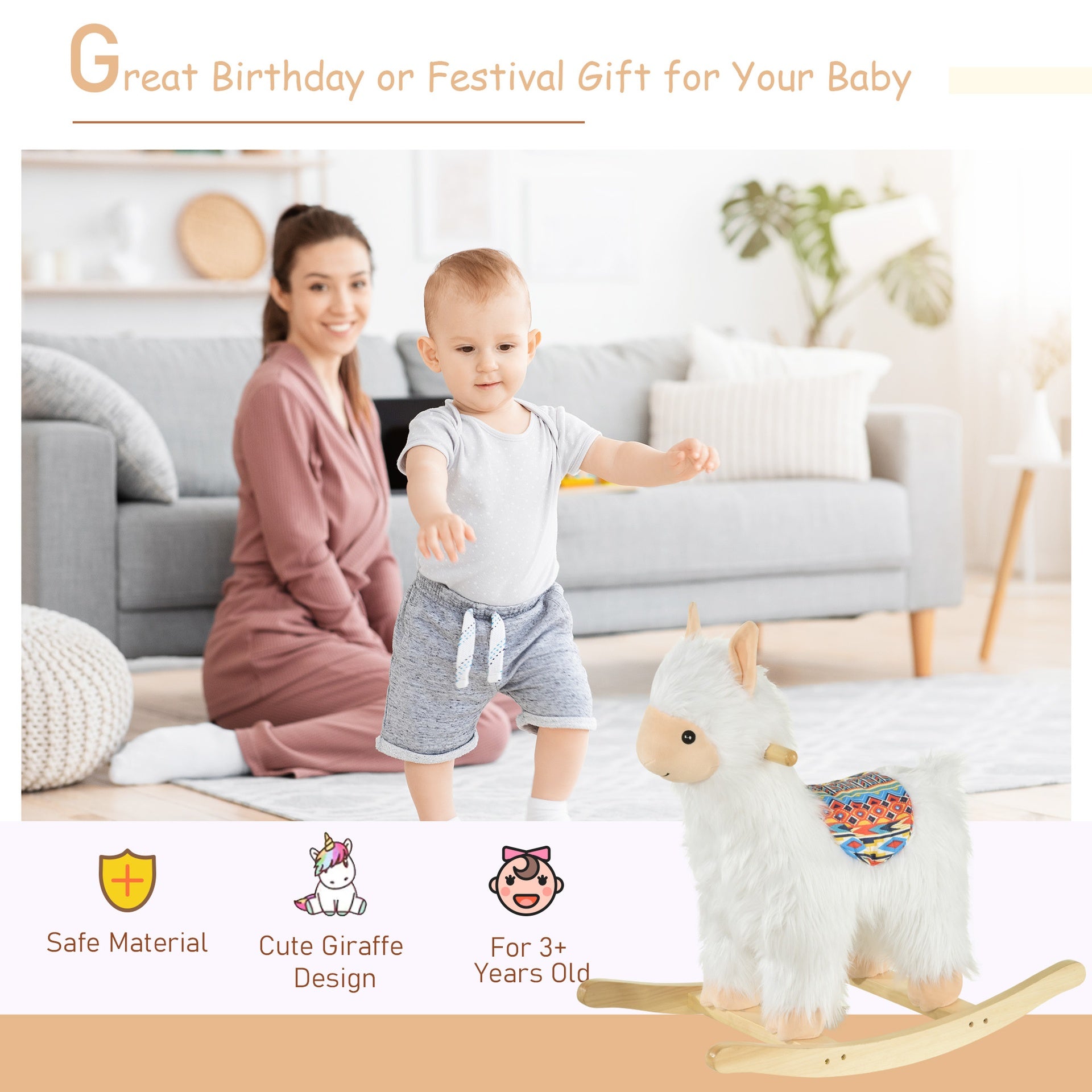 Qaba Kids Ride-On Rocking Horse Toy Llama Style Rocker Soft Plush Fabric for Children 3+ Years