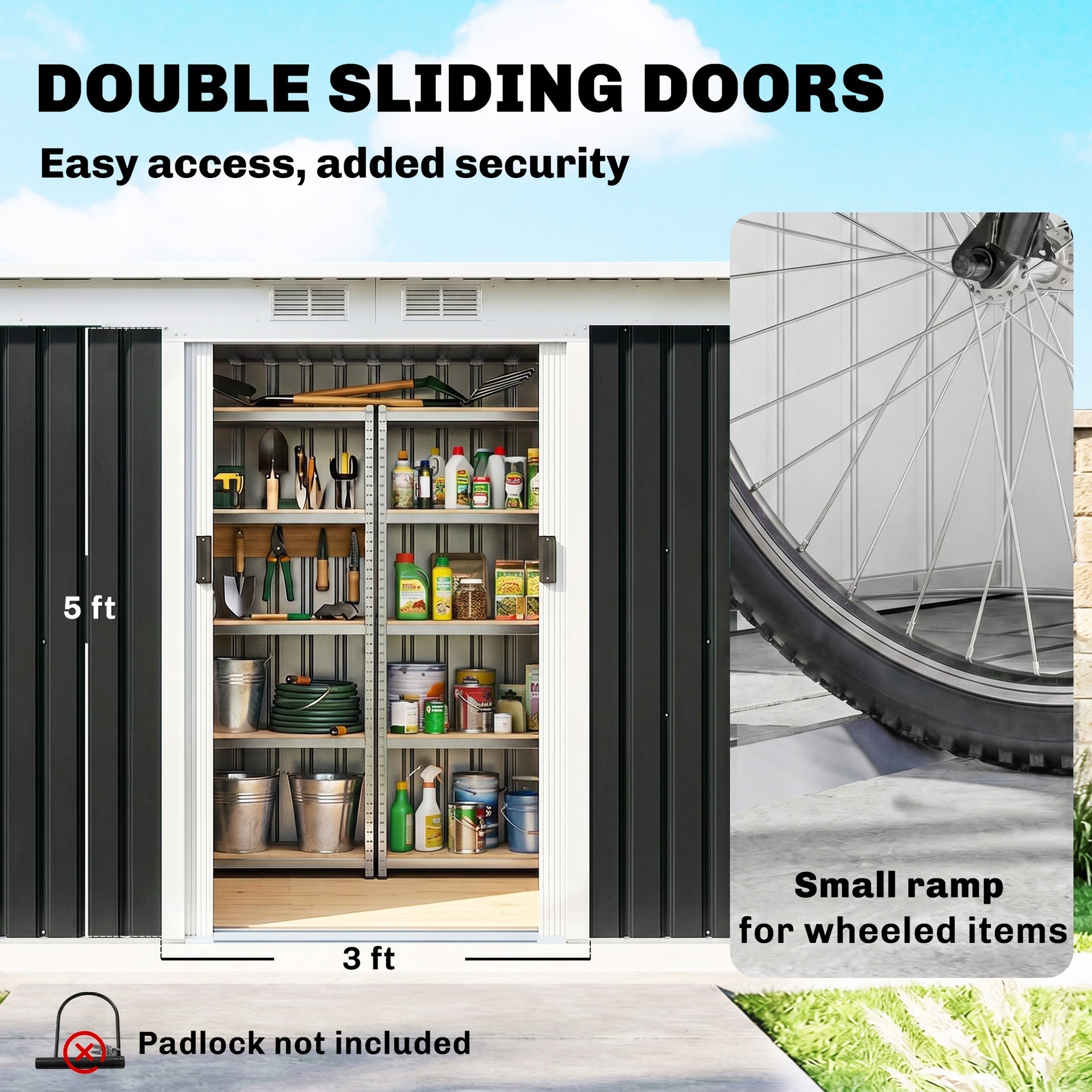 Outsunny 9' x 4' Metal Outdoor Storage Shed, Tool House with Double Lockable Doors for Backyard, Patio, Lawn, Garage, Dark Gray