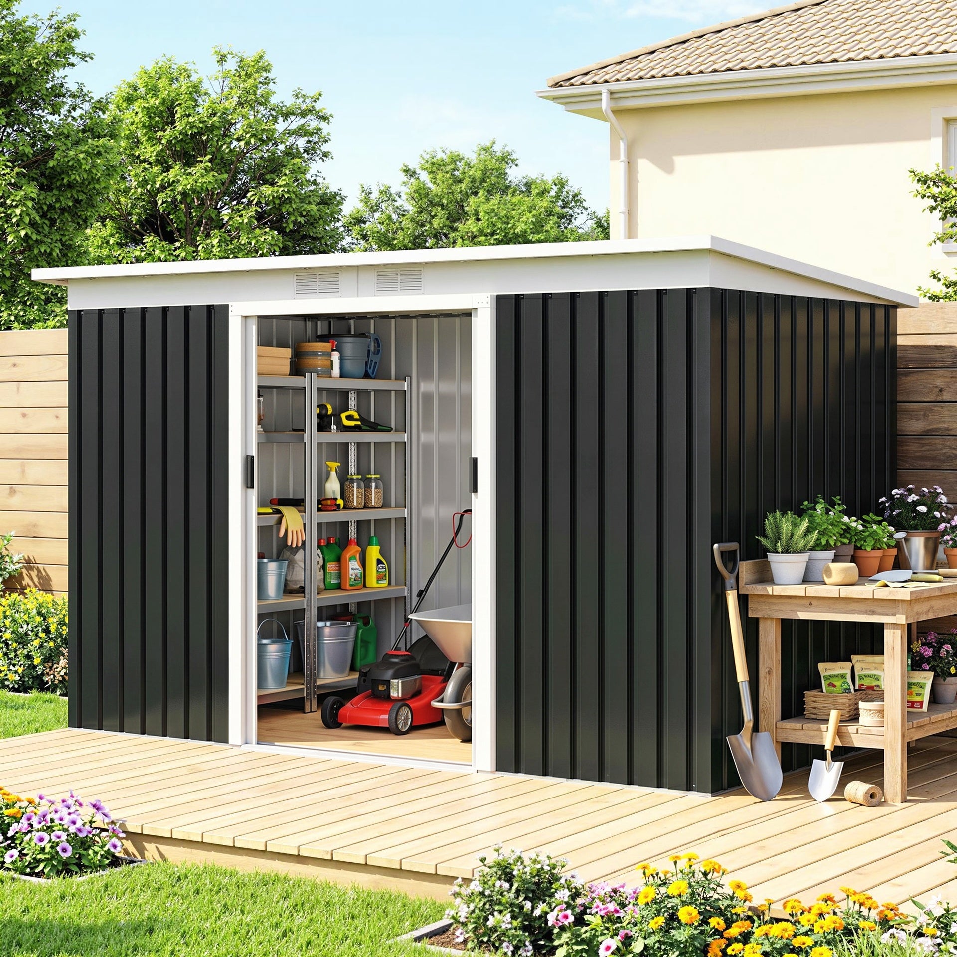 Outsunny 9' x 4' Metal Outdoor Storage Shed, Tool House with Double Lockable Doors for Backyard, Patio, Lawn, Garage, Dark Gray