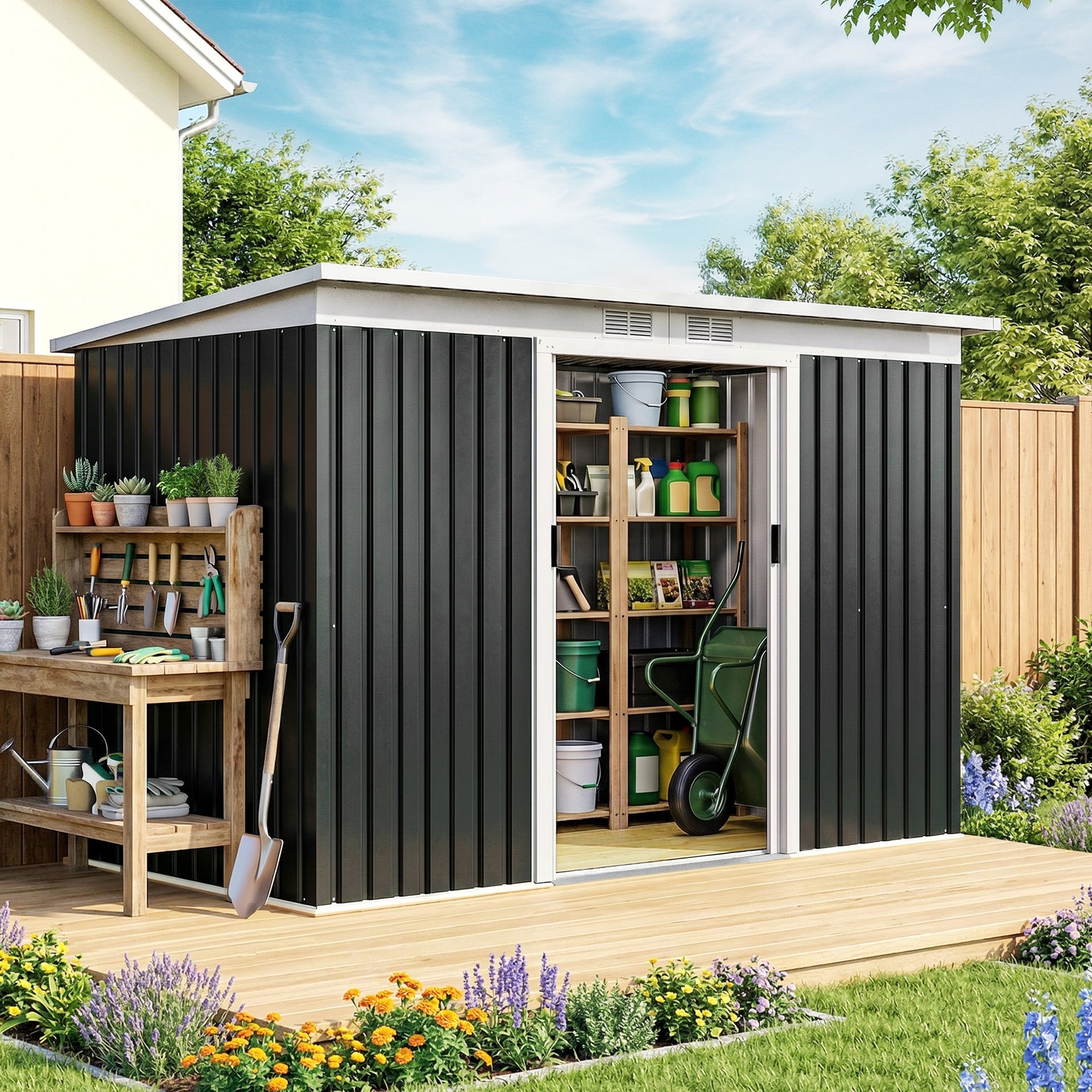 Outsunny 9' x 4' Metal Outdoor Storage Shed, Tool House with Double Lockable Doors for Backyard, Patio, Lawn, Garage, Dark Gray