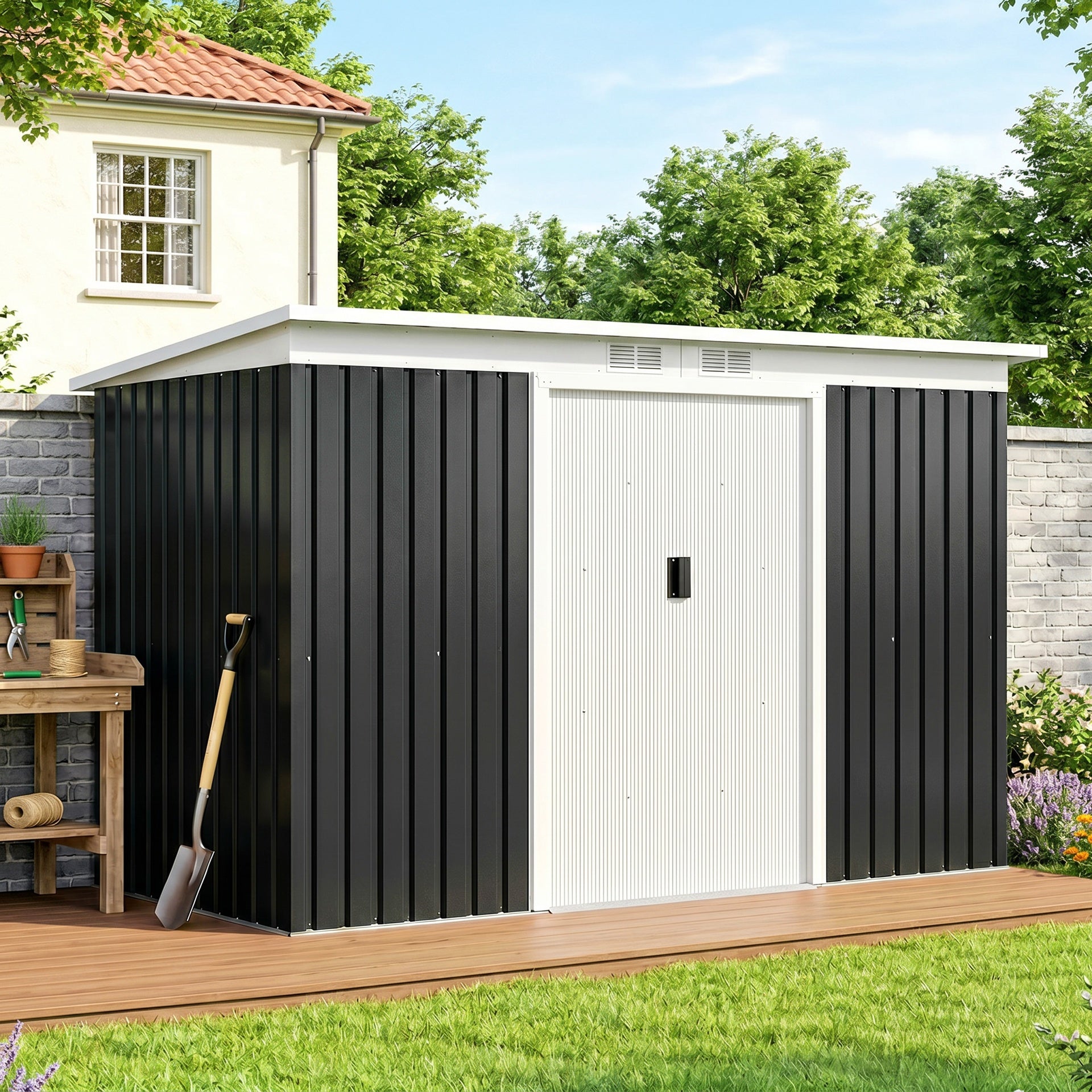 Outsunny 9' x 4' Metal Outdoor Storage Shed, Tool House with Double Lockable Doors for Backyard, Patio, Lawn, Garage, Dark Gray