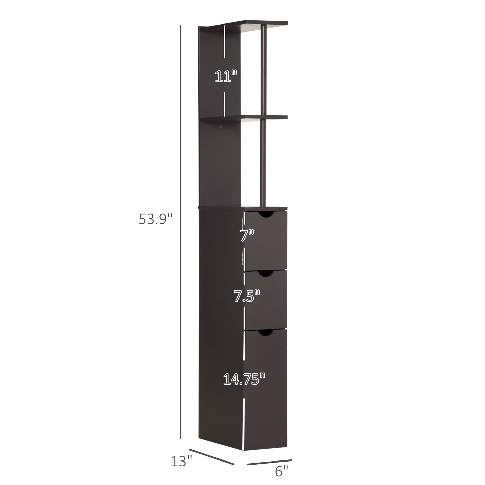 HOMCOM 54" Tall Bathroom Storage Cabinet, Freestanding Linen Tower with 2-Tier Shelf and Drawers, Narrow Side Floor Organizer, Brown