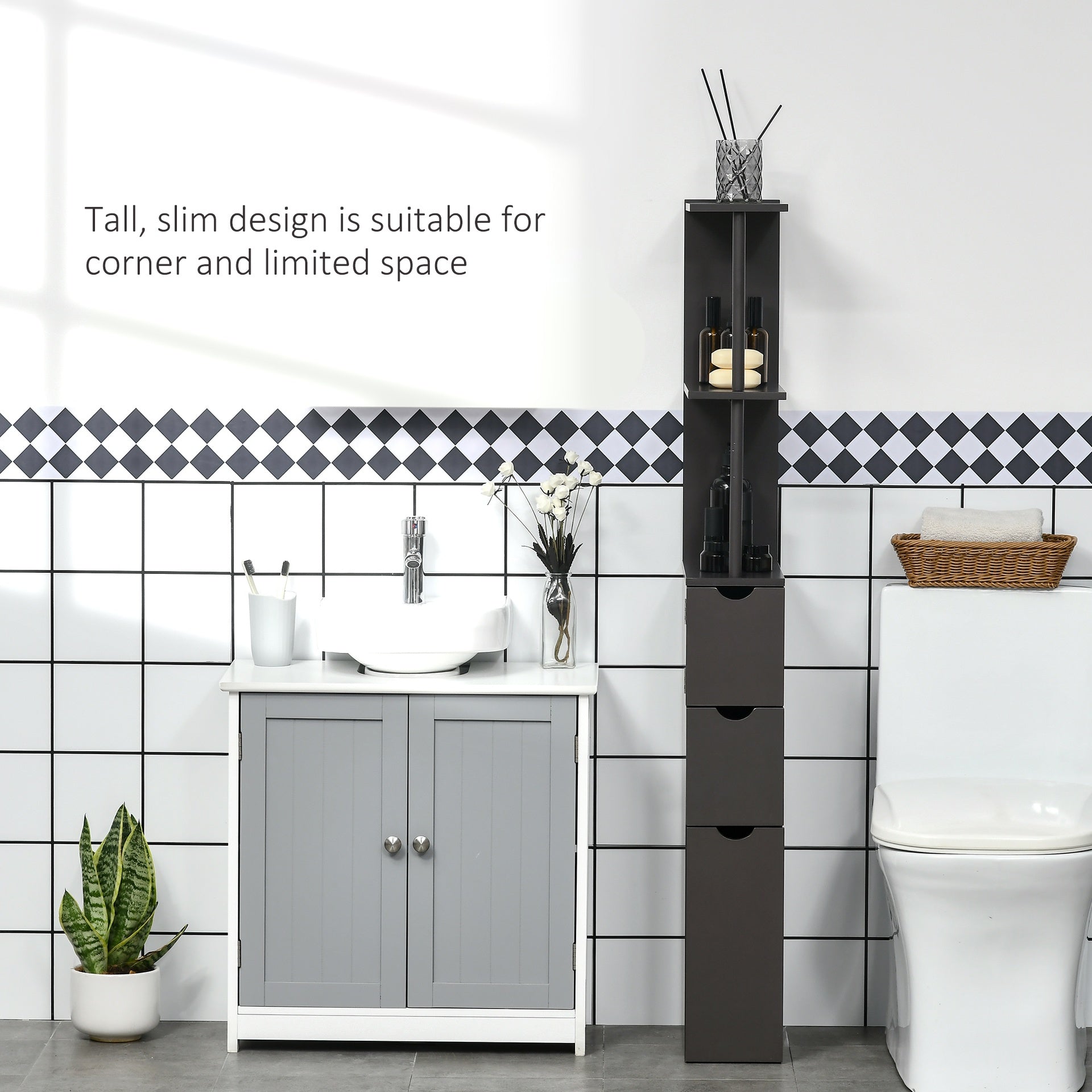 HOMCOM 54" Tall Bathroom Storage Cabinet, Freestanding Linen Tower with 2-Tier Shelf and Drawers, Narrow Side Floor Organizer, Brown