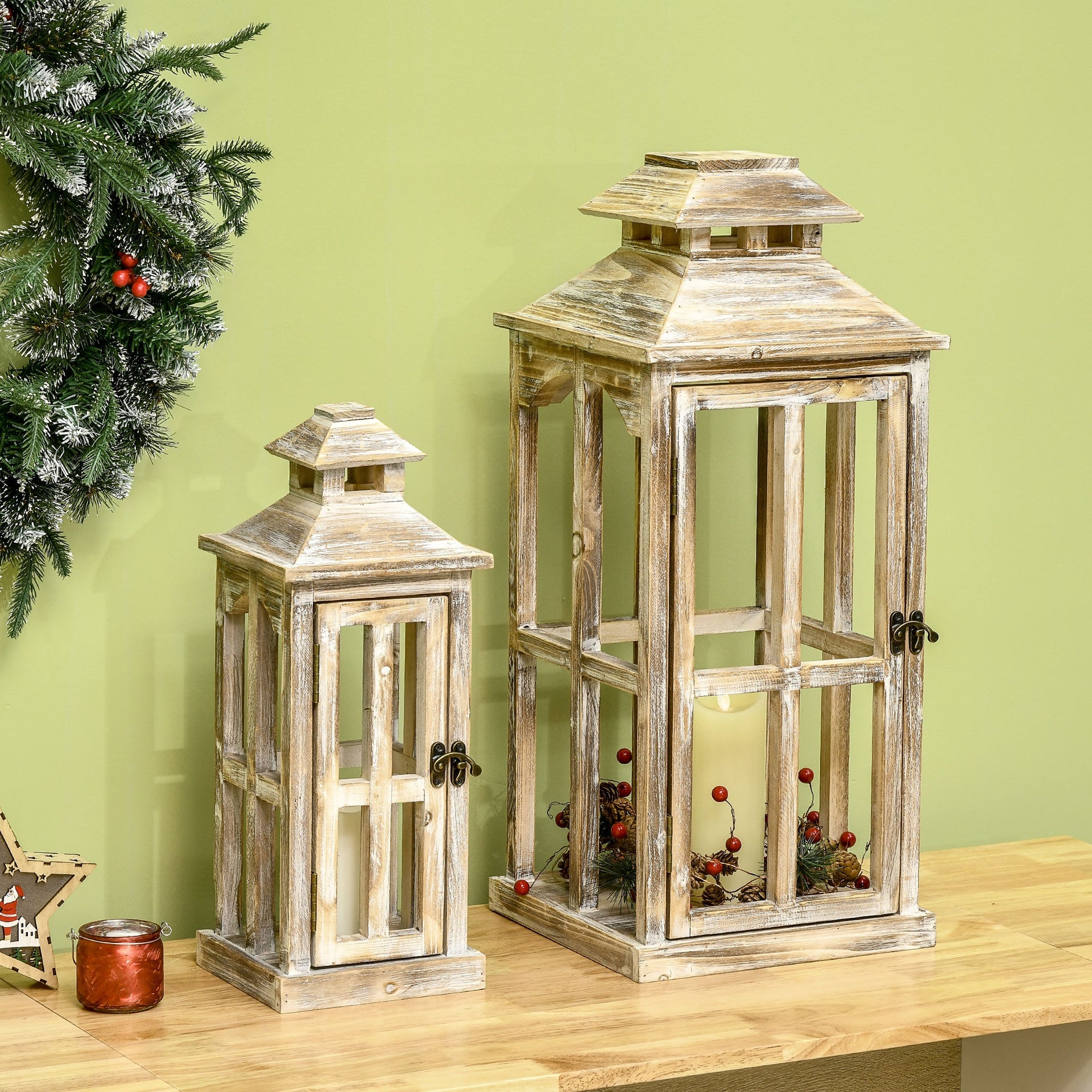 HOMCOM 2 Pack 28"/20" Large Rustic Wooden Lantern Decorative, Indoor/Outdoor Lantern for Home Décor (No Glass), Natural