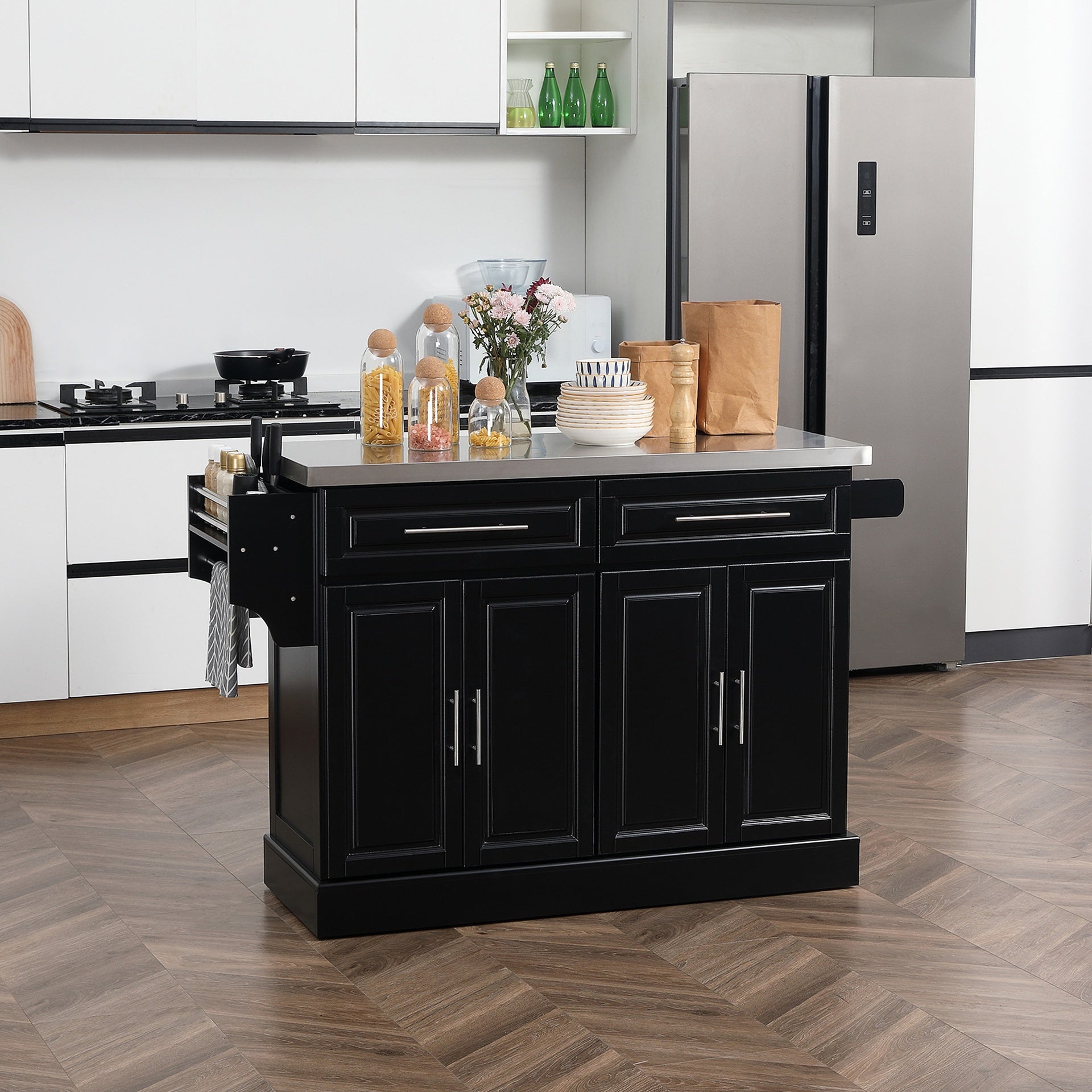 HOMCOM Rolling Kitchen Island Cart with 47" Stainless Steel Top, Portable Island Table for Kitchen with Wheels, Adjustable Shelves, 2 Drawers, Spice, Knife and Towel Rack, Black
