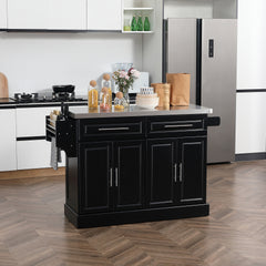 HOMCOM Rolling Kitchen Island Cart with 47" Stainless Steel Top, Portable Island Table for Kitchen with Wheels, Adjustable Shelves, 2 Drawers, Spice, Knife and Towel Rack, Black