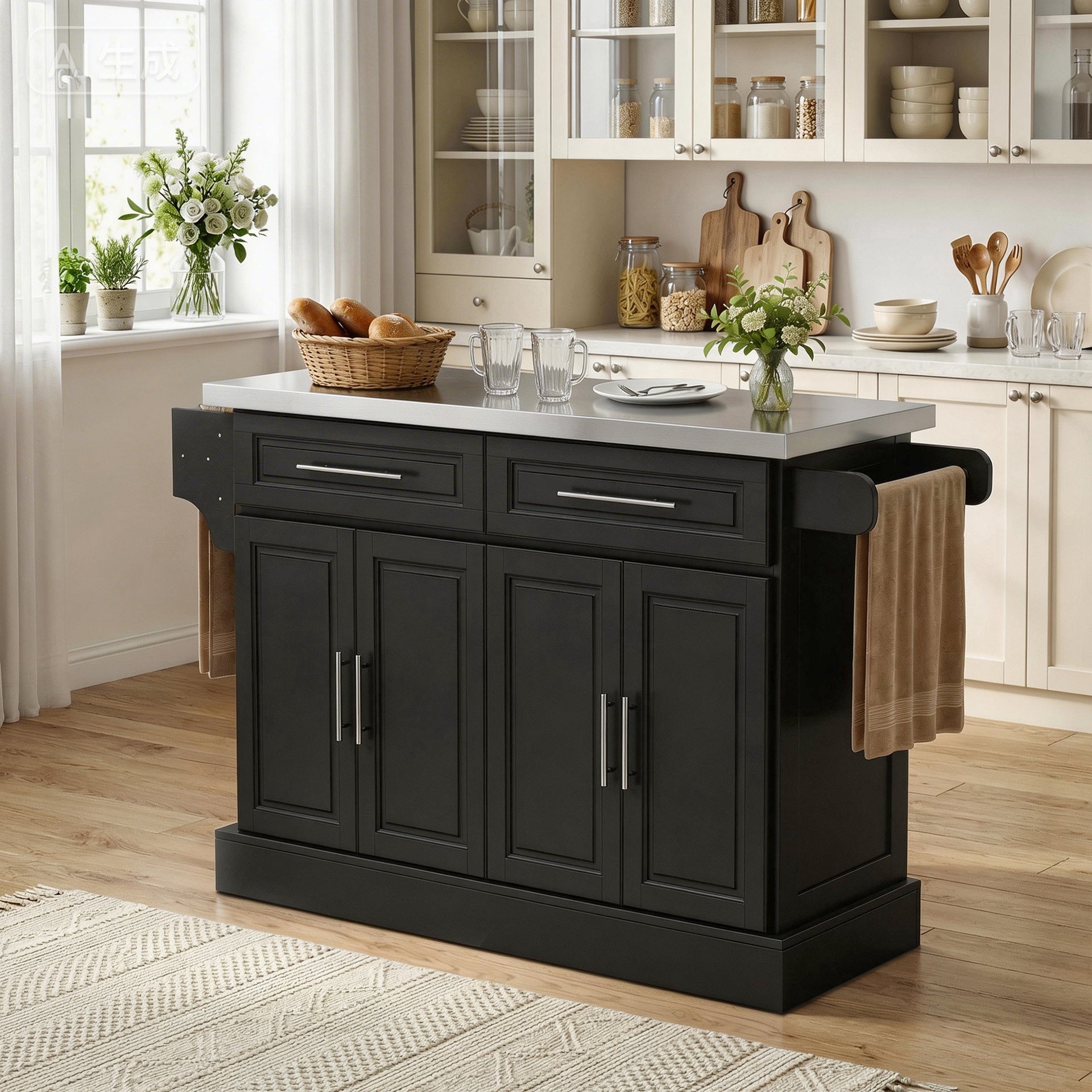 HOMCOM Rolling Kitchen Island Cart with 47" Stainless Steel Top, Portable Island Table for Kitchen with Wheels, Adjustable Shelves, 2 Drawers, Spice, Knife and Towel Rack, Black
