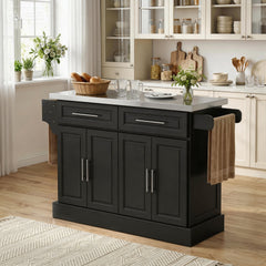 HOMCOM Rolling Kitchen Island Cart with 47" Stainless Steel Top, Portable Island Table for Kitchen with Wheels, Adjustable Shelves, 2 Drawers, Spice, Knife and Towel Rack, Black