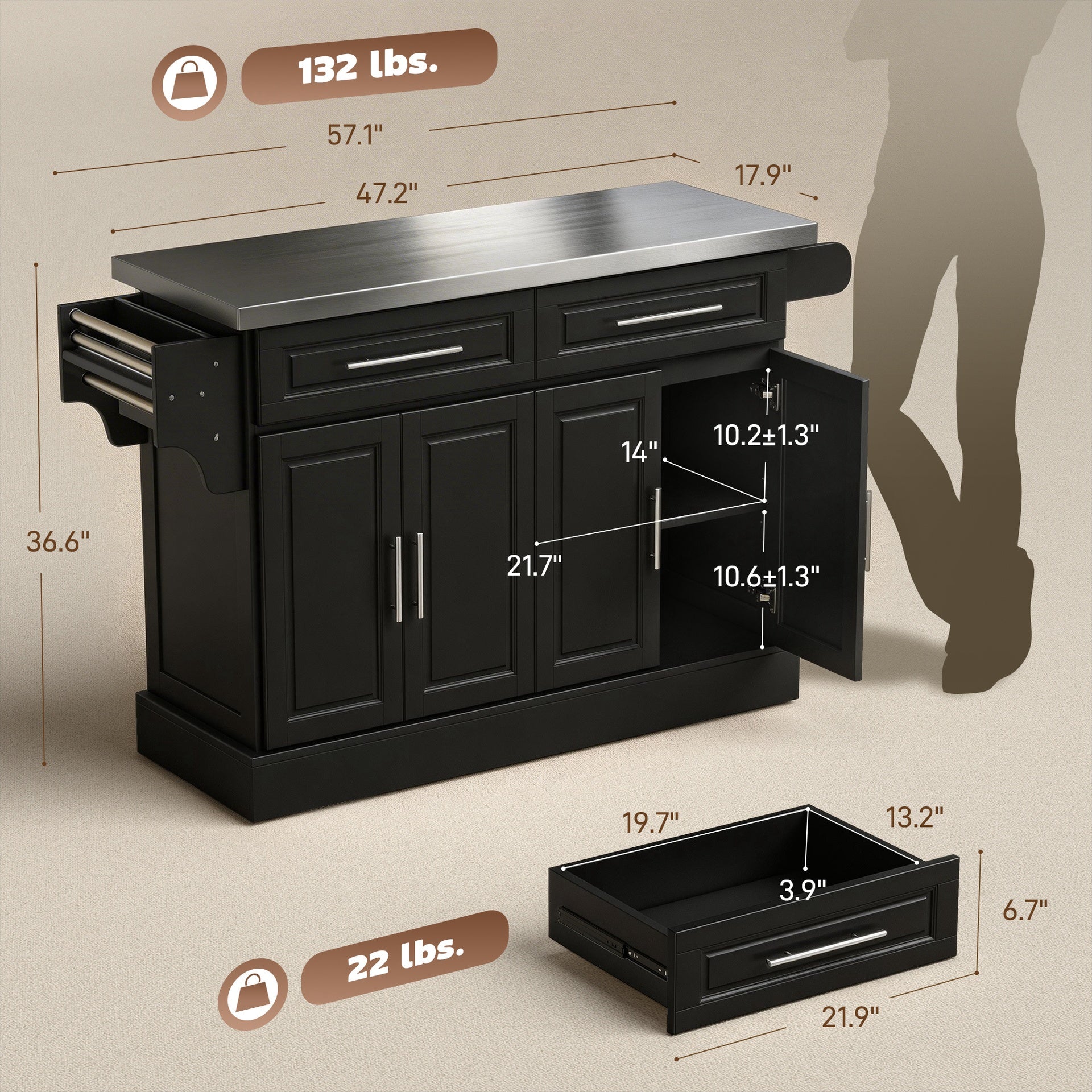 HOMCOM Rolling Kitchen Island Cart with 47" Stainless Steel Top, Portable Island Table for Kitchen with Wheels, Adjustable Shelves, 2 Drawers, Spice, Knife and Towel Rack, Black