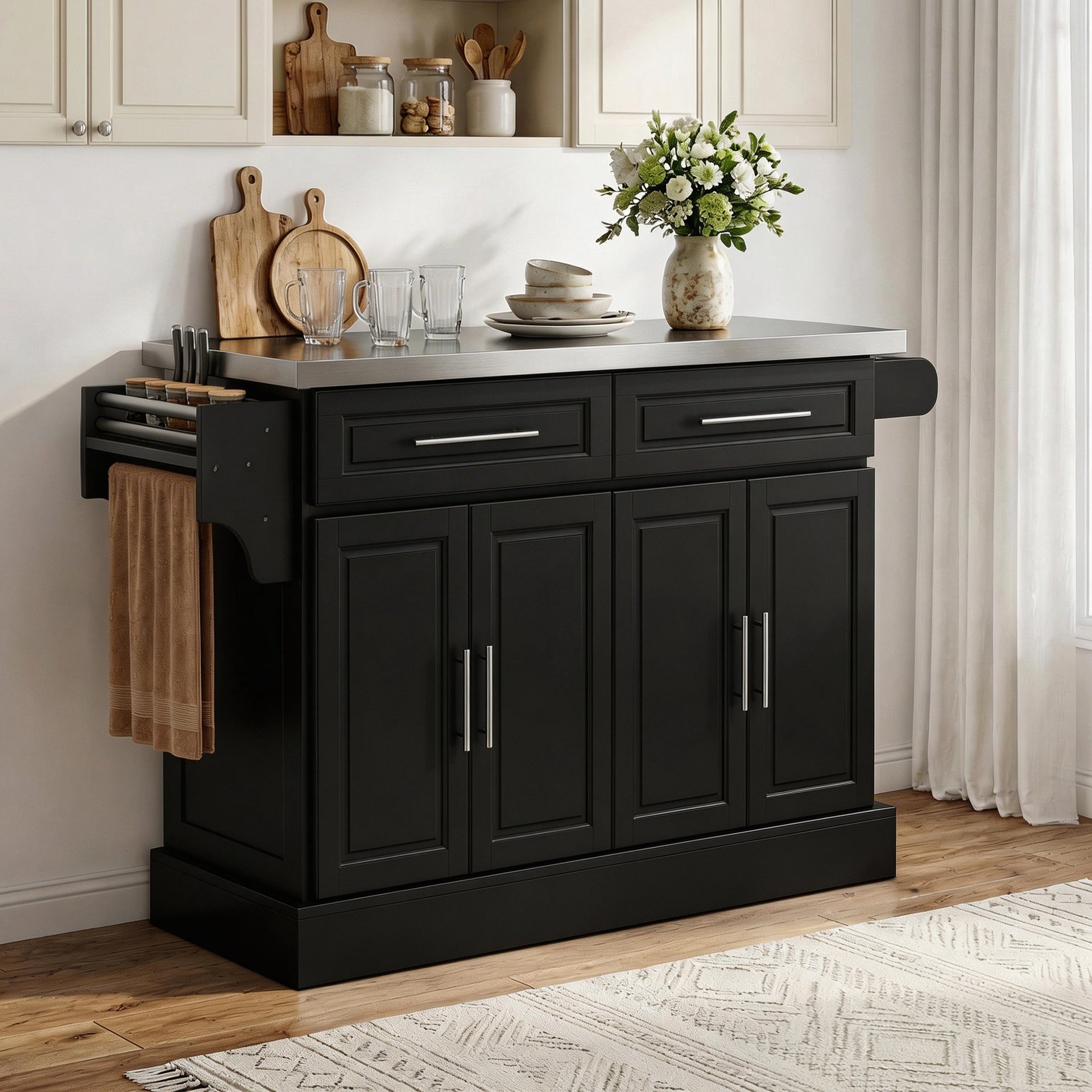 HOMCOM Rolling Kitchen Island Cart with 47" Stainless Steel Top, Portable Island Table for Kitchen with Wheels, Adjustable Shelves, 2 Drawers, Spice, Knife and Towel Rack, Black