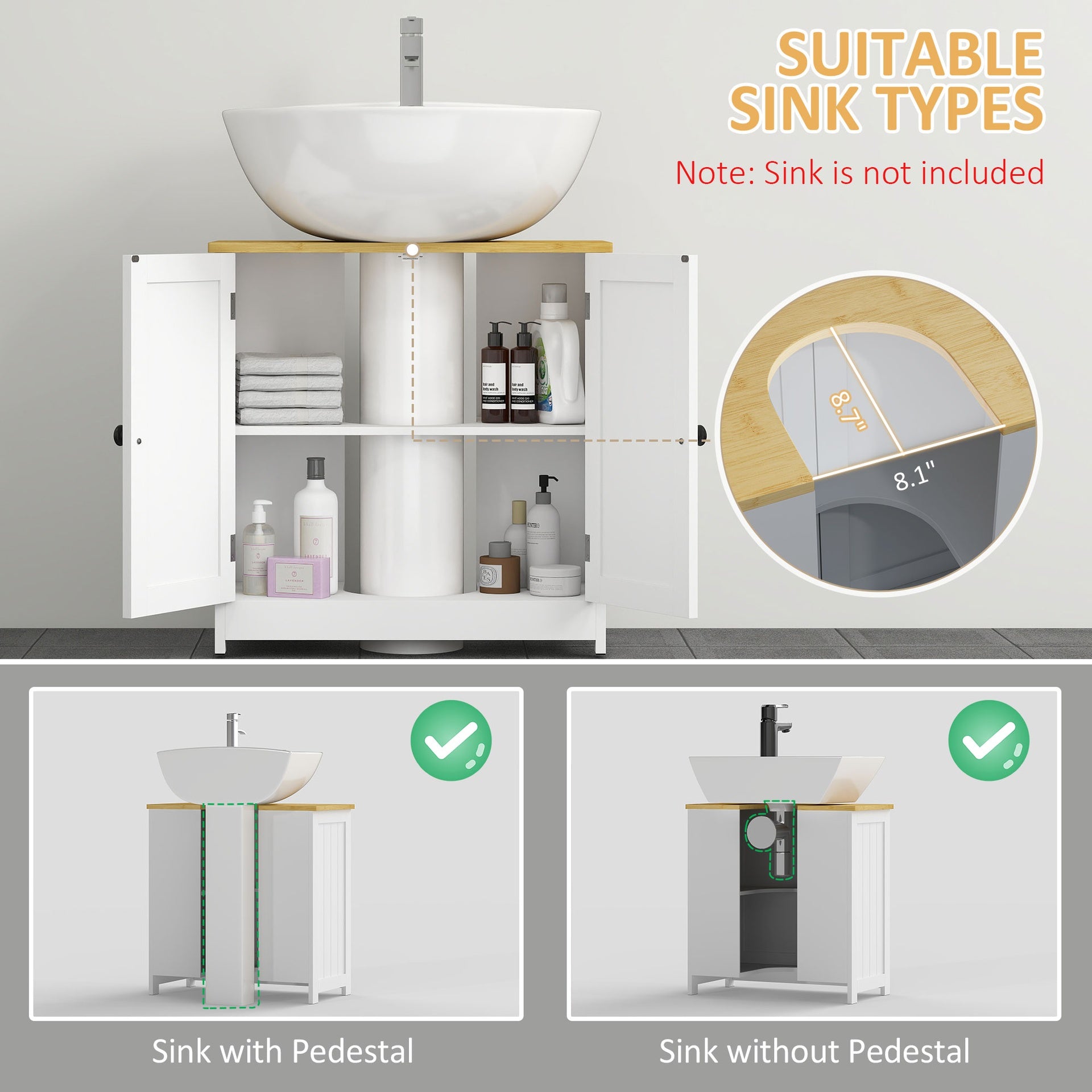 kleankin Bathroom Vanities Under Sink Storage Cabinet Cupboard with 2 Doors, 23.5" x 11.75" x 24", White