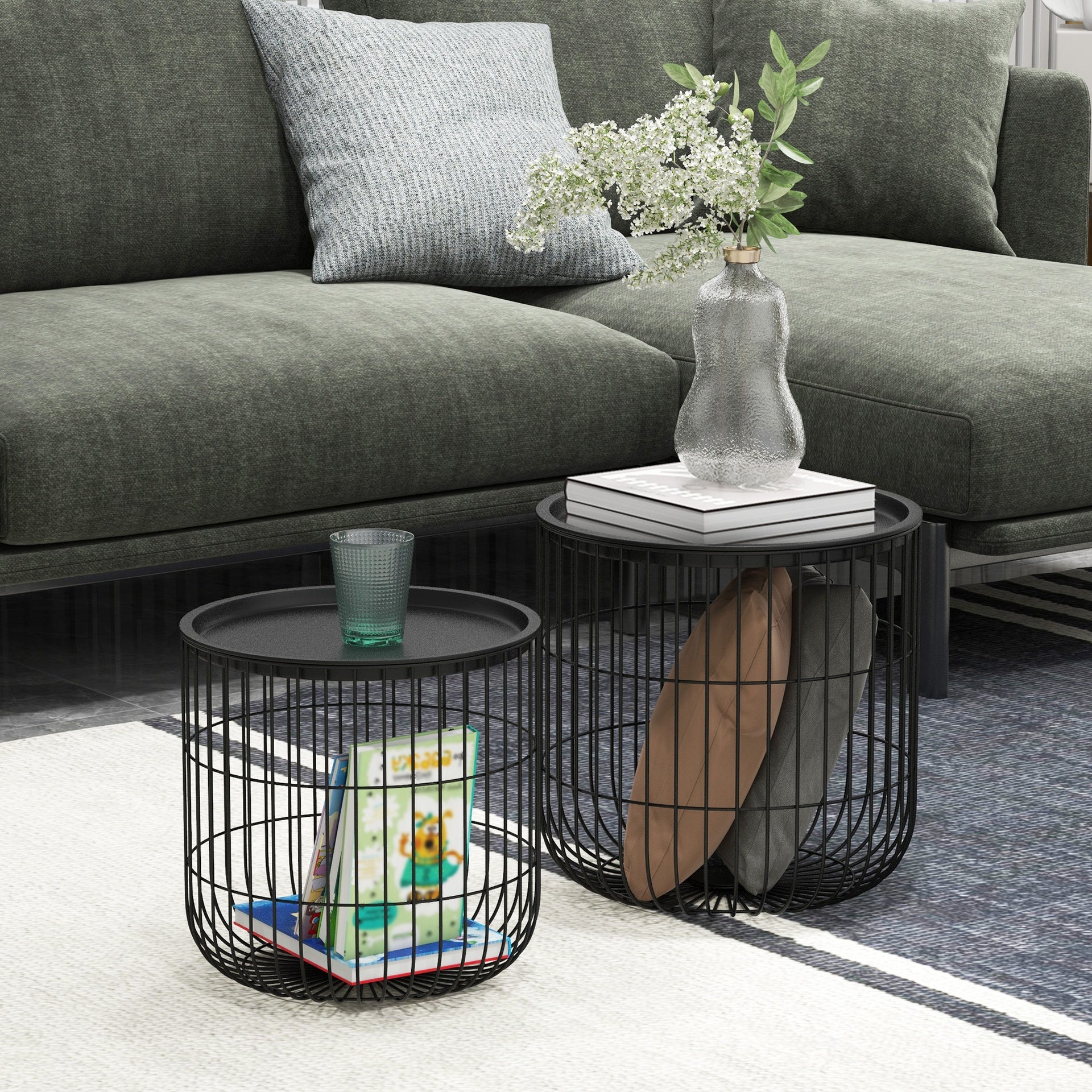 HOMCOM Coffee Table Set, Nest of Coffee Tables with Steel Wired Basket Body and Removable Top for Living Room, Black