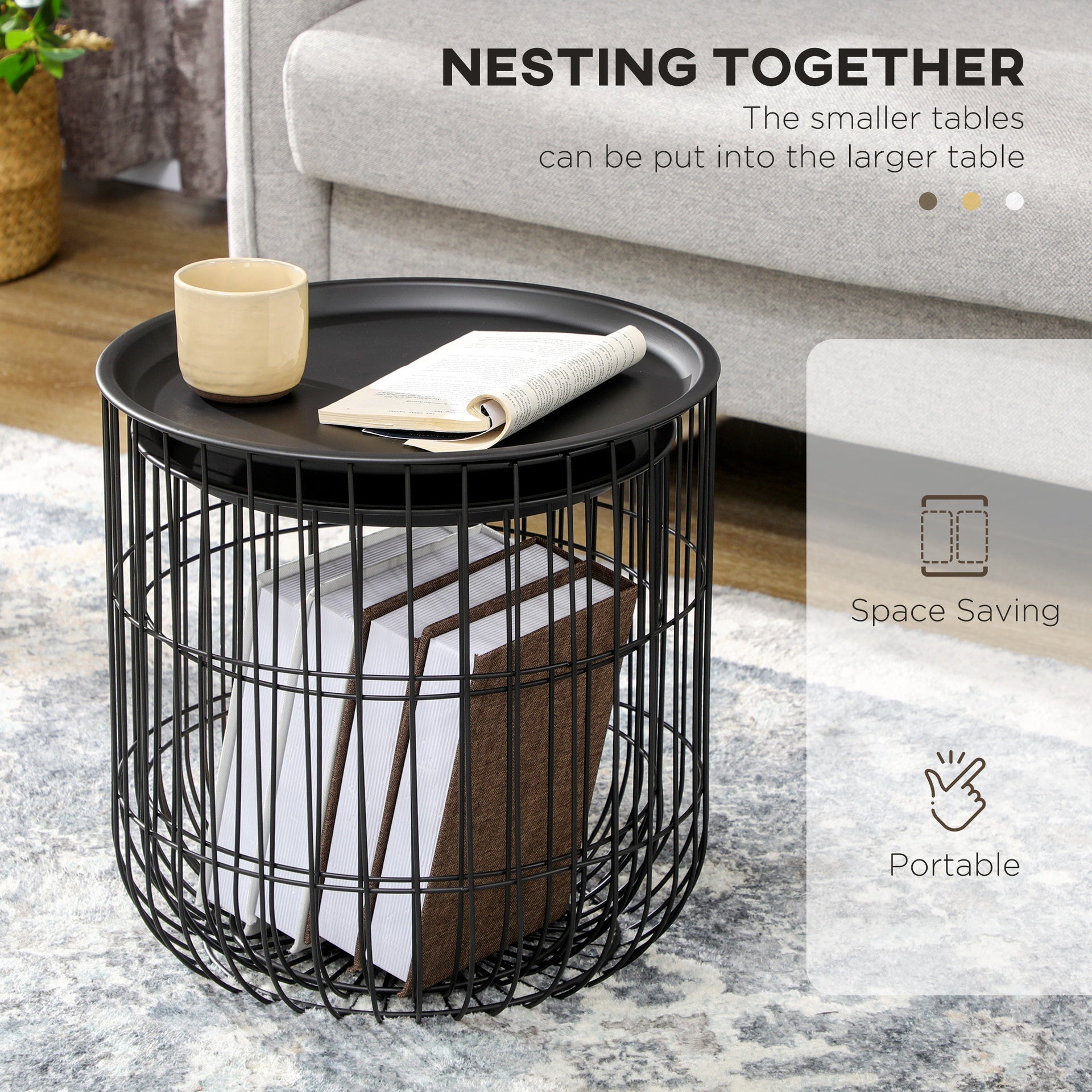 HOMCOM Coffee Table Set, Nest of Coffee Tables with Steel Wired Basket Body and Removable Top for Living Room, Black